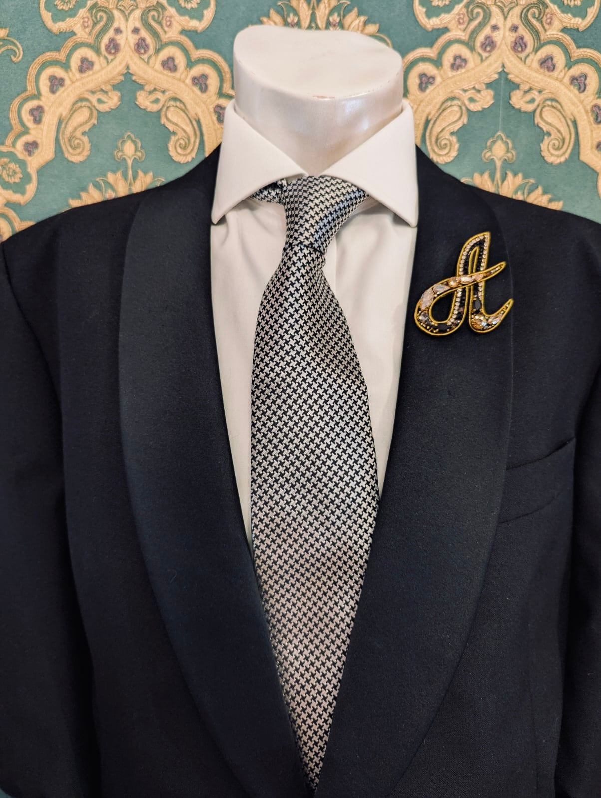 Broochella Men's Initial Alphabet brooch pin gold black hand beaded sequin crystal handmade designer luxury A