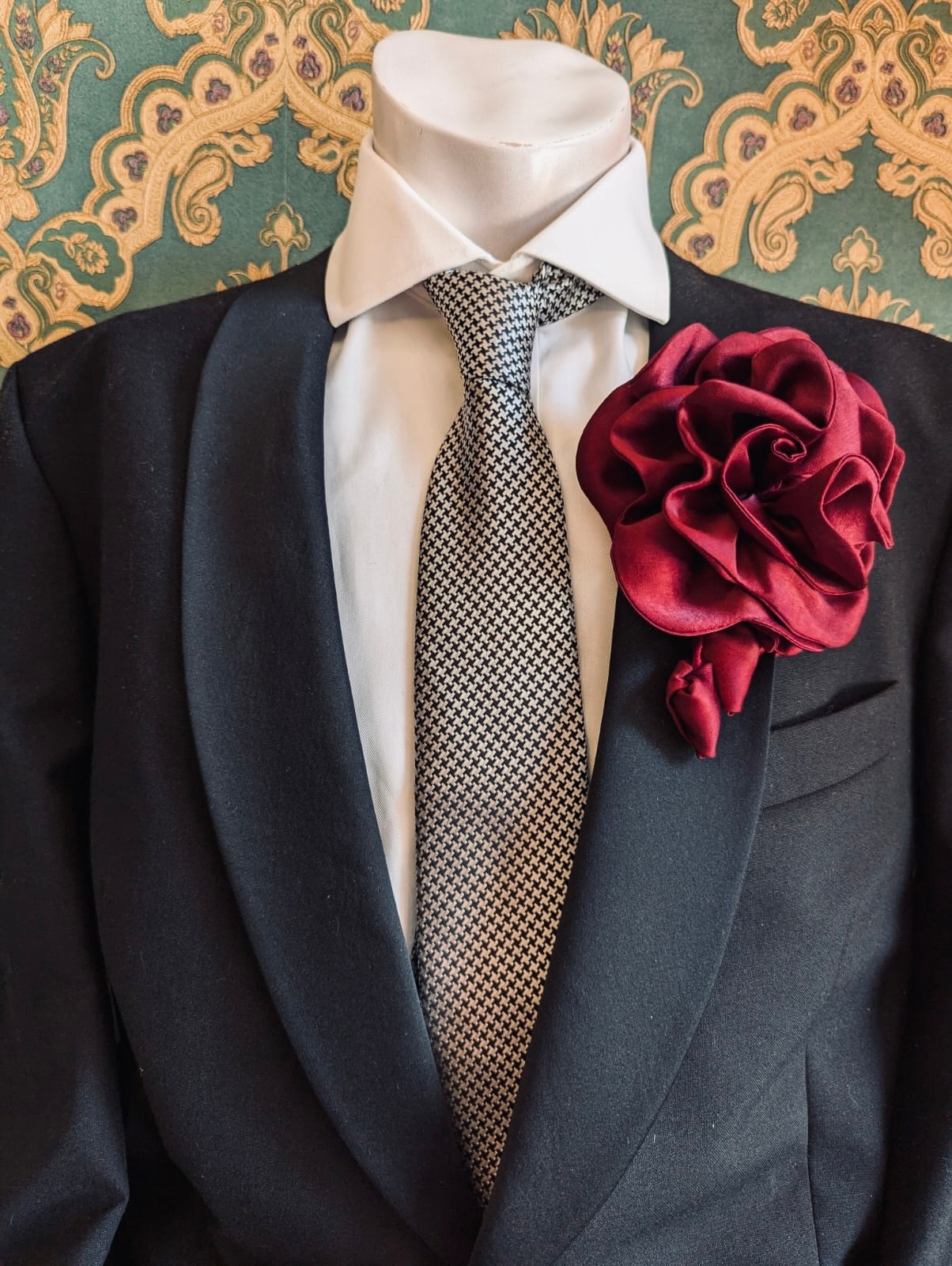 Broochella Men's Rosetta Flower Brooch pin handmade silk satin luxury designer burgundy