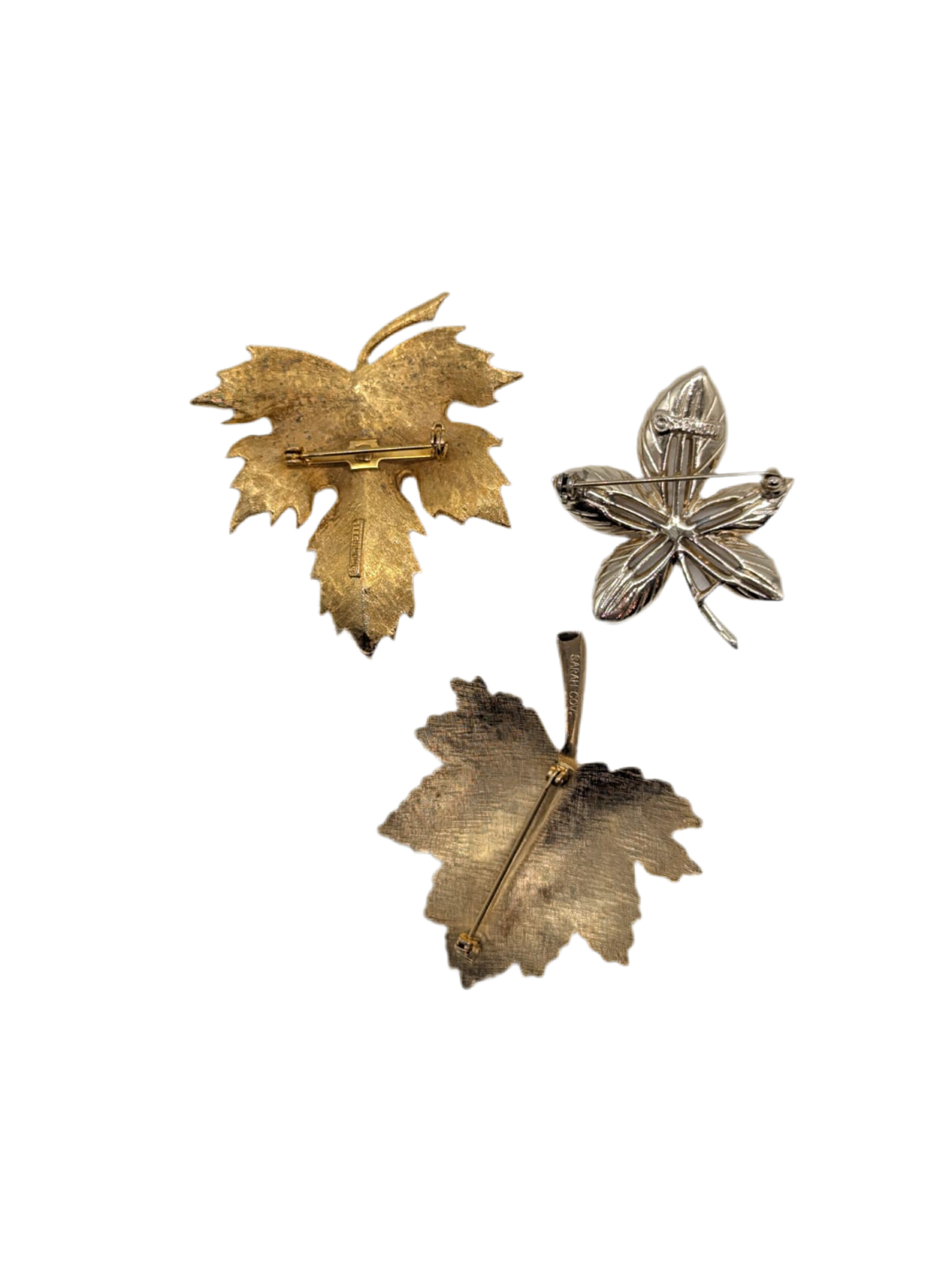 Broochella foglia d’Oro collection vintage brooch set trio leaf gold tone metal men’s women’s luxury designer
