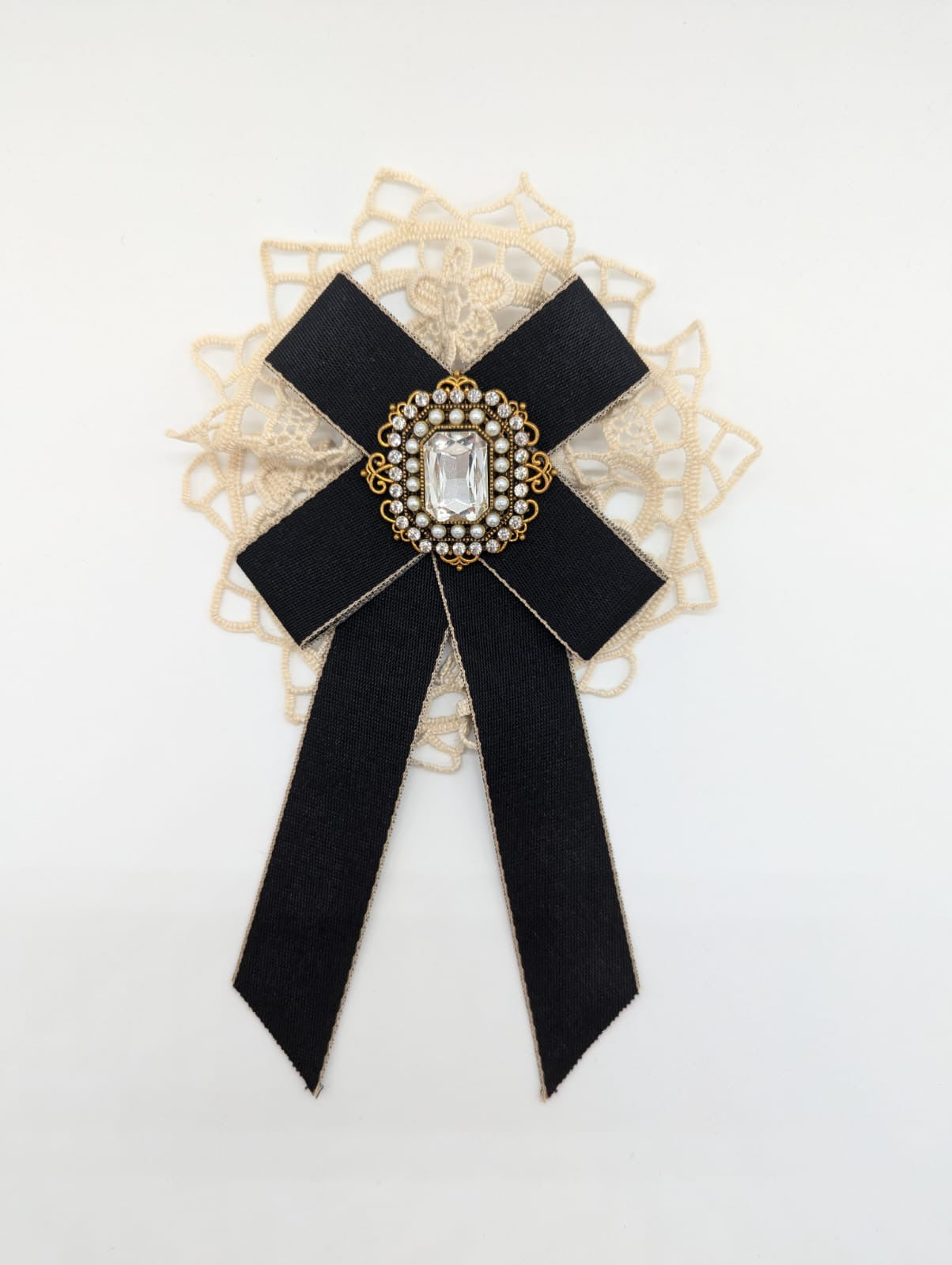 Broochella Men's Il Conte bow brooch pin lace crystal embellishment handmade luxury designer black