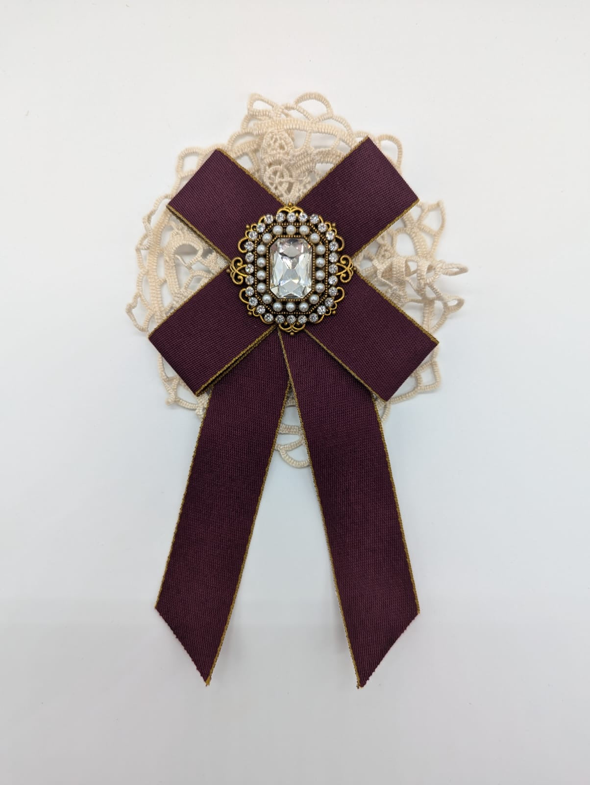 Broochella Men's Il Conte bow brooch pin lace crystal embellishment handmade luxury designer burgundy