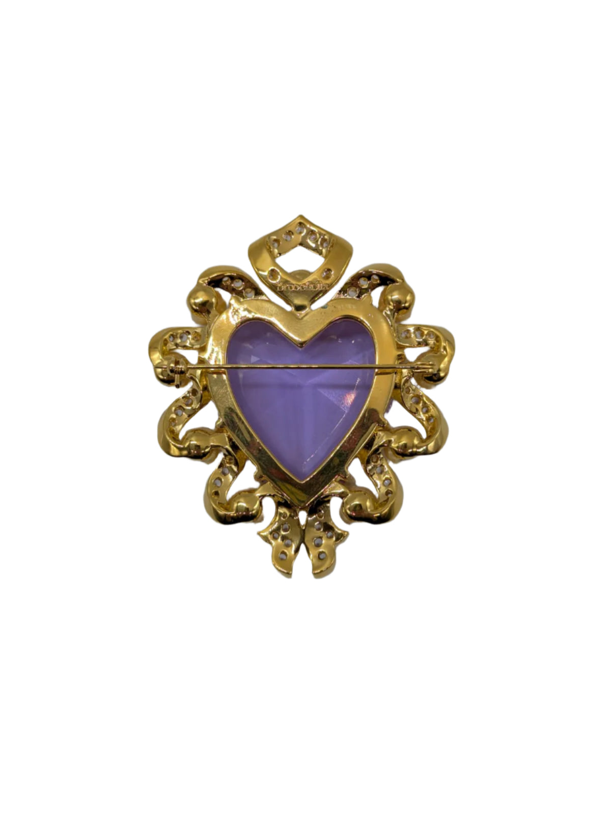 Broochella Men's Romeo and Juliet Heart Brooch Gold tone metal pearl lilac clear crystal embellishment