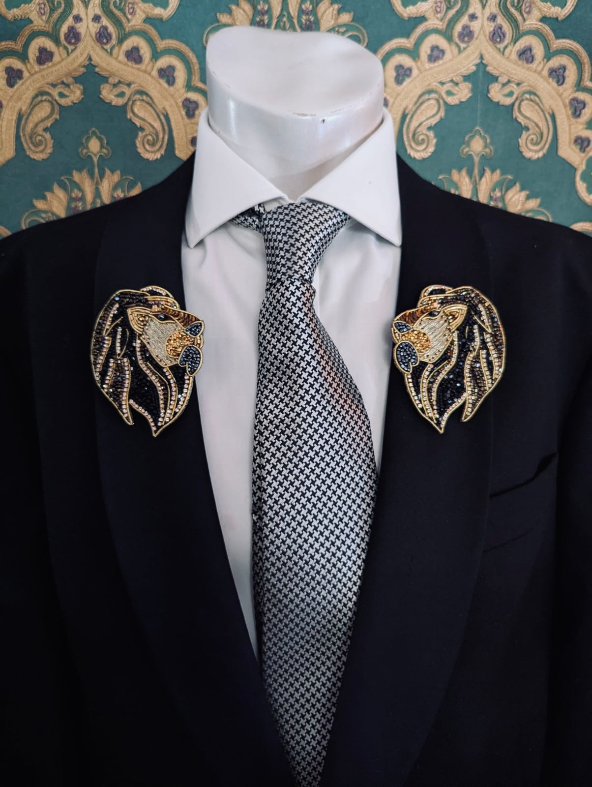 Broochella men's mirrored lion brooches pair duo brooch pin black gold hand beaded sequin luxury designer