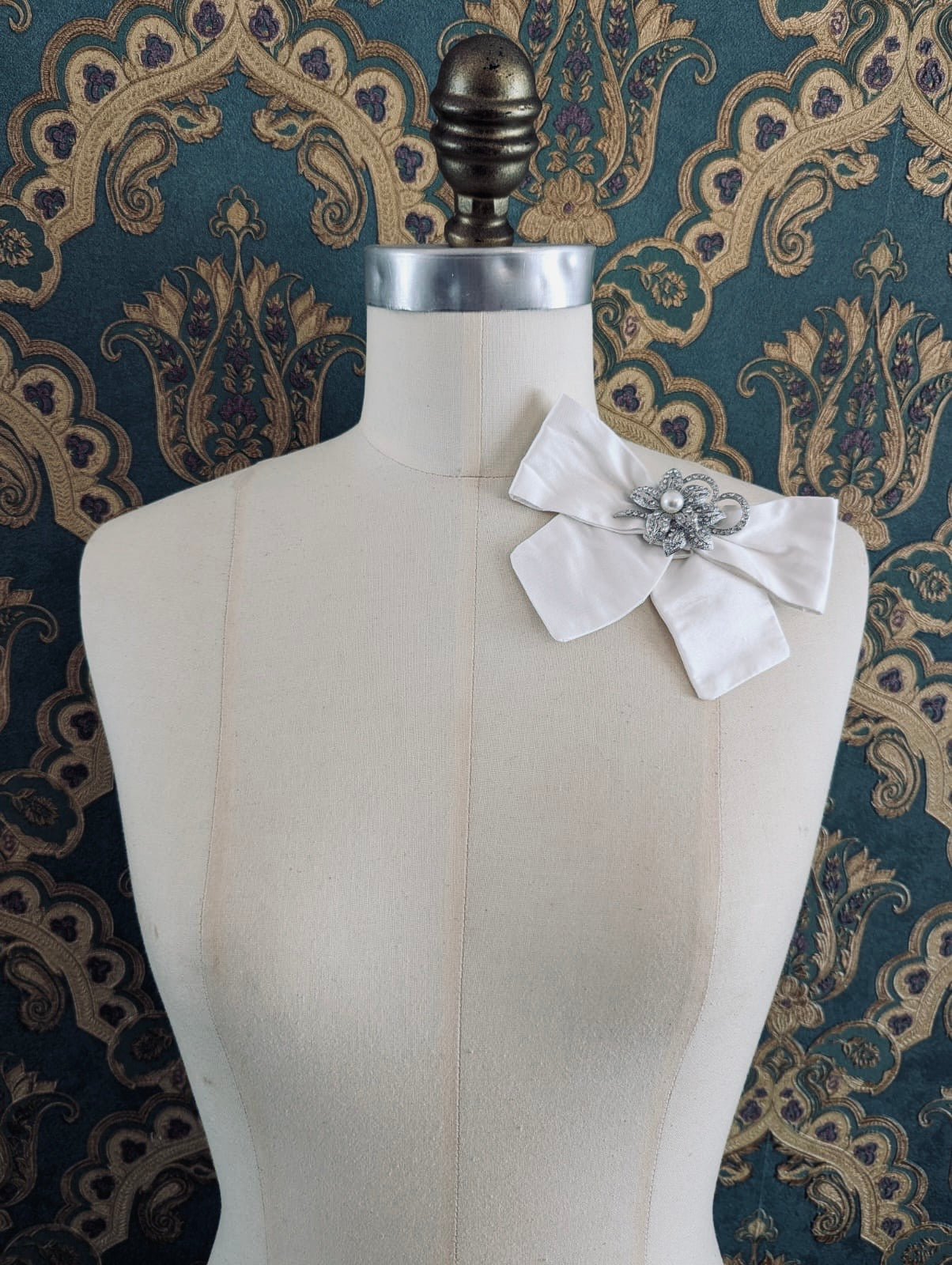 Broochella Moonlight petal bow brooch pin handmade ivory silk vintage silver tone metal crystal flower embellishment designer luxury men's women's