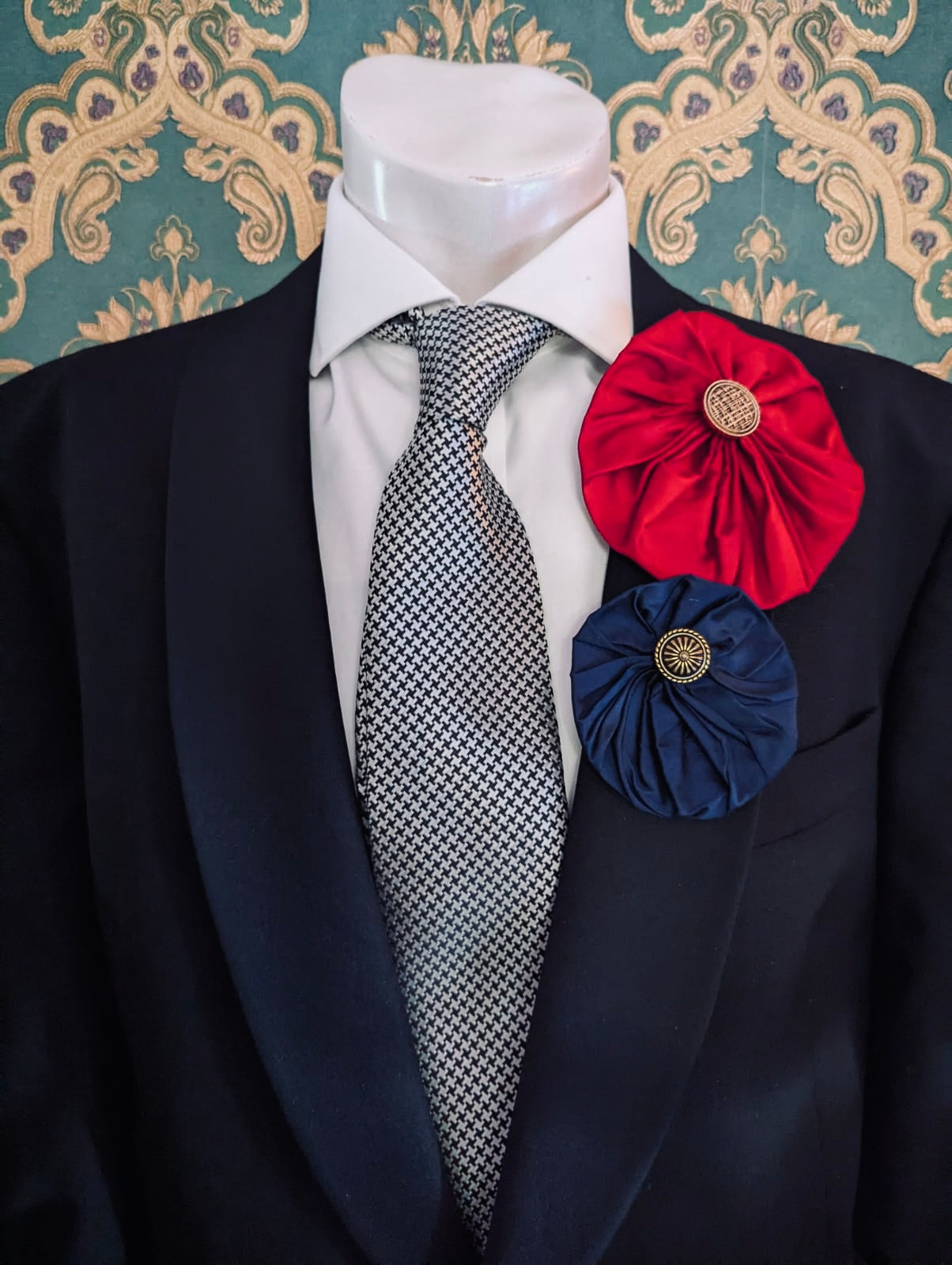 Broochella Men's lollipop brooch pin silk handmade gold button embellishment designer luxury navy blue medium red large