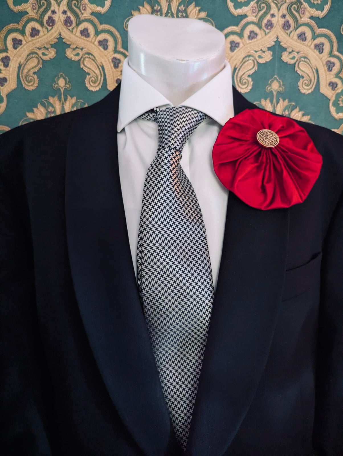 Broochella Men's large lollipop brooch pin silk handmade gold button embellishment designer luxury red