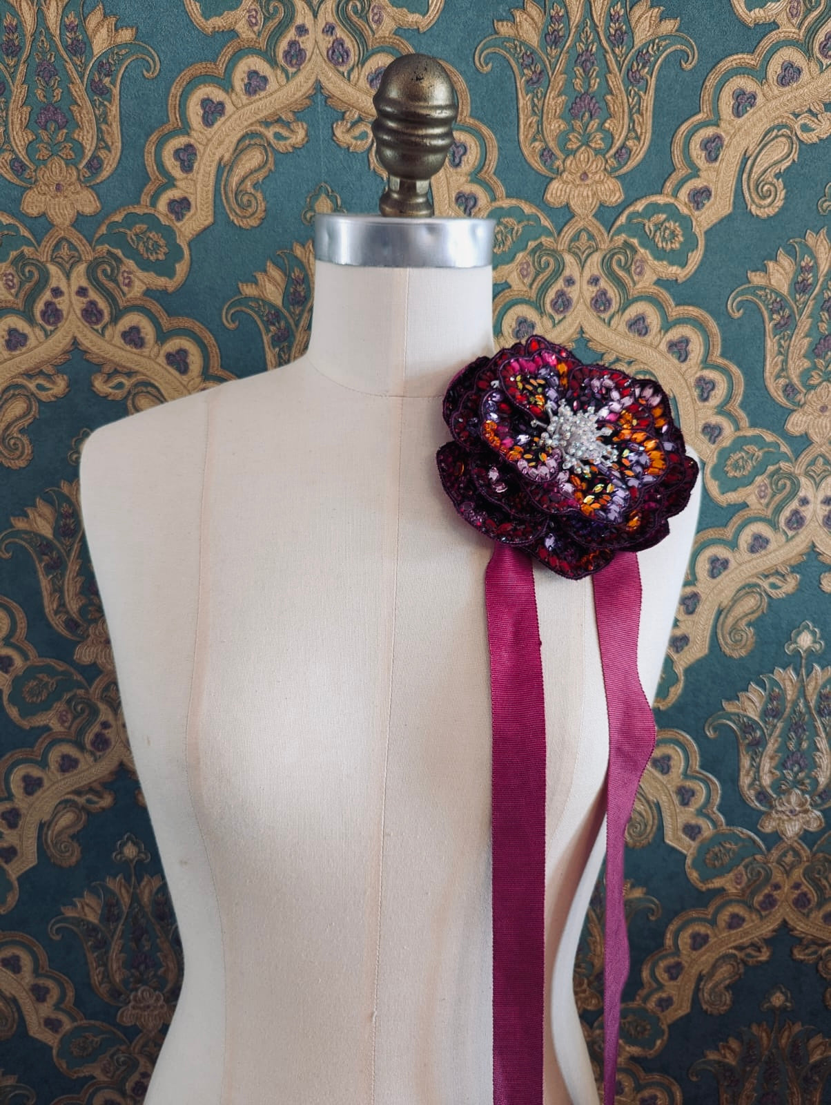 Broochella Cristallino hand beaded flower brooch pin choker large pink designer luxury women’s