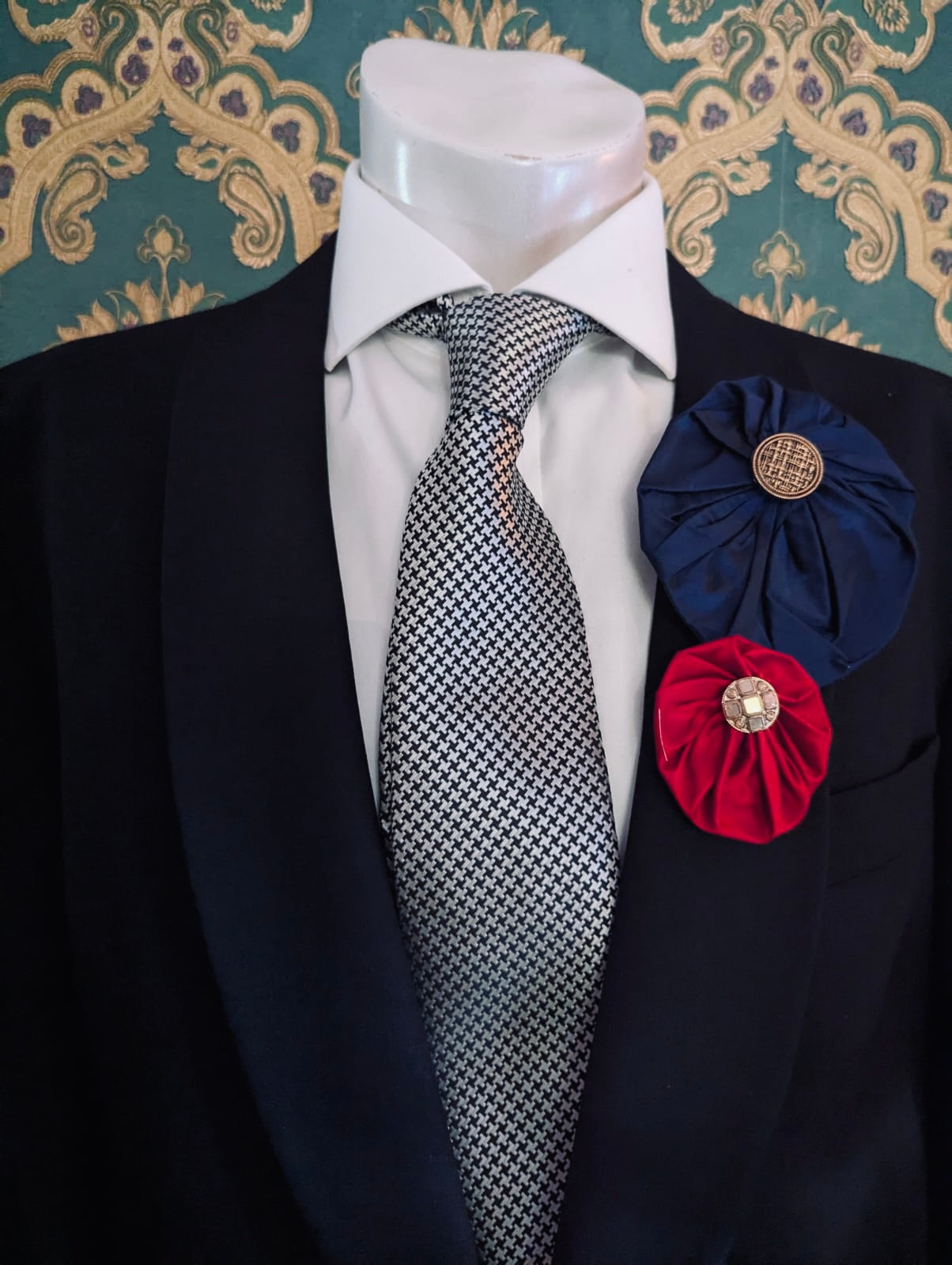Broochella Men's lollipop brooch pin silk handmade gold button embellishment designer luxury navy blue large red small