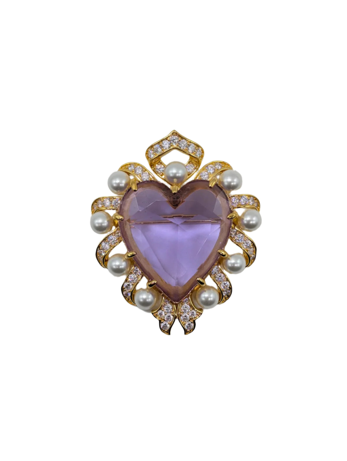 Broochella Men's Romeo and Juliet Heart Brooch Gold tone metal pearl lilac clear crystal embellishment