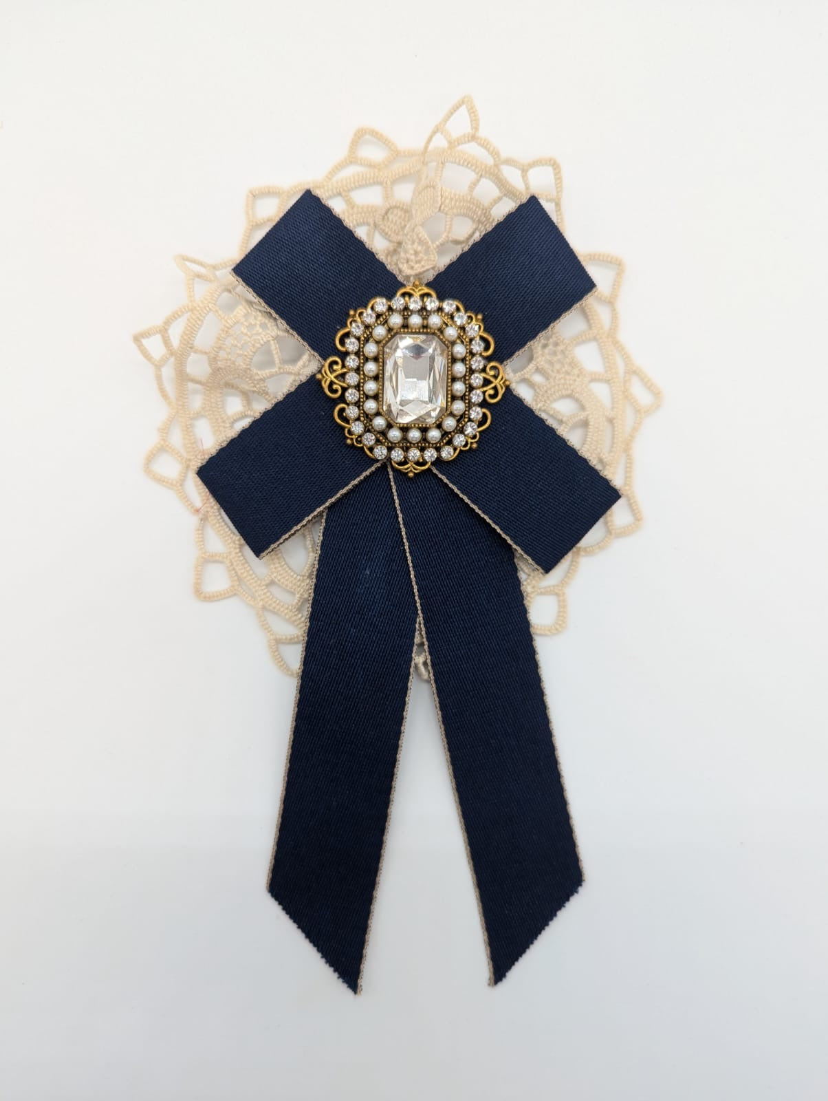 Broochella Men's Il Conte bow brooch pin lace crystal embellishment handmade luxury designer navy blue
