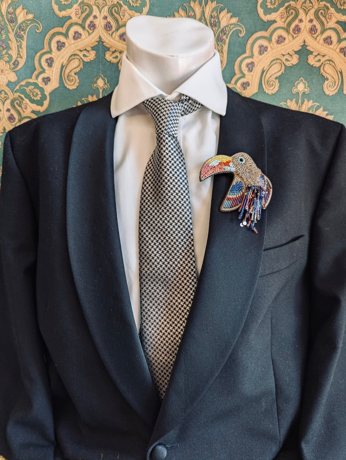 Broochella men’s toucan bird brooch pin hand beaded handmade multicolor luxury designer