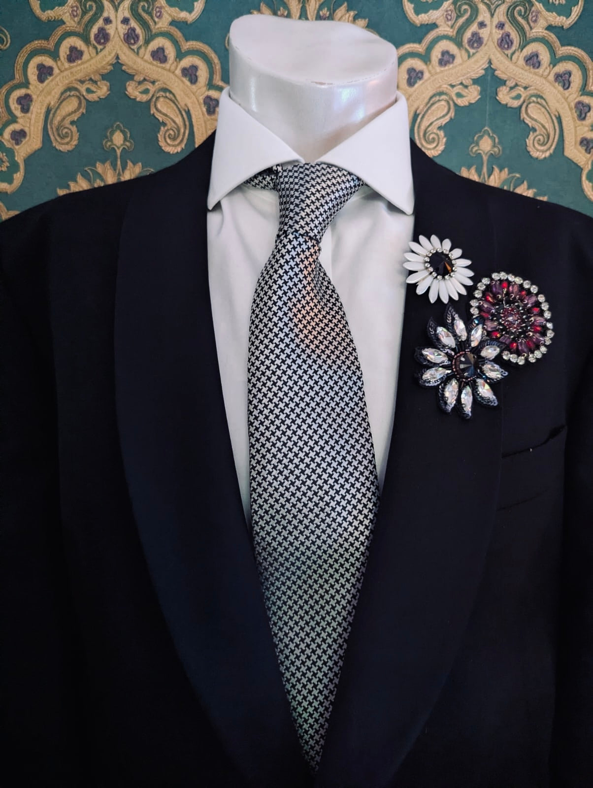 Broochella Men's Flower brooch pin trio set hand beaded crystal white red crystal handmade luxury designer