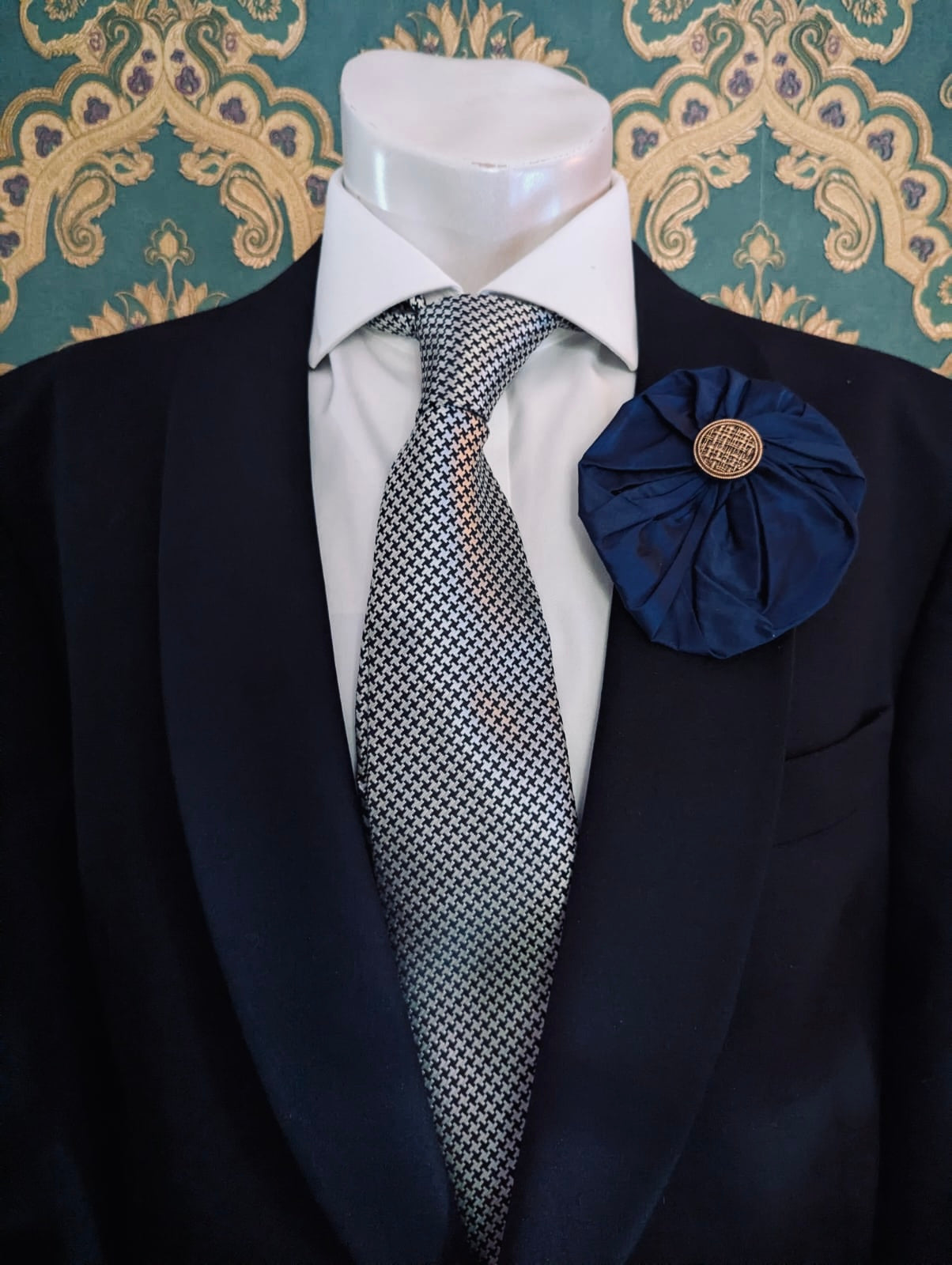 Broochella Men's lollipop brooch pin silk handmade gold button embellishment designer luxury navy blue large