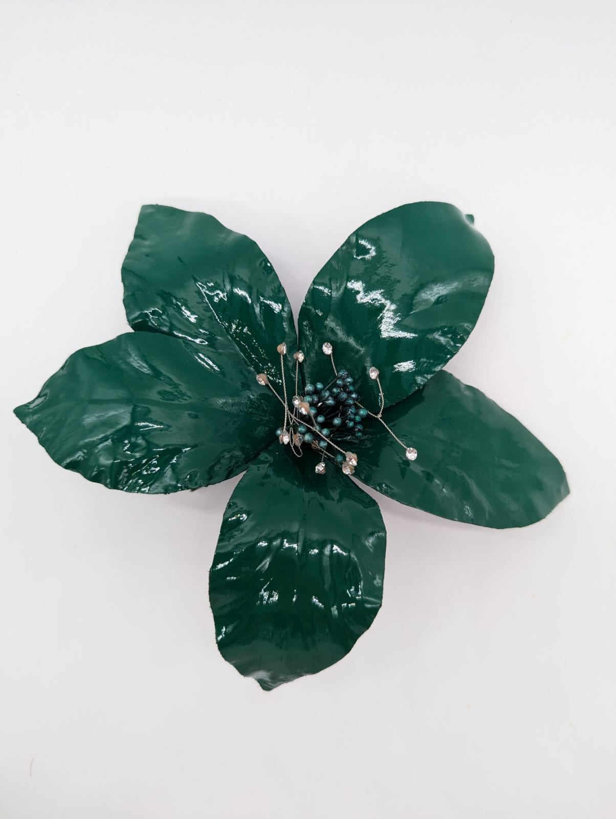 Broochella Giglio flower brooch pin patent leather handmade crystal centre luxury designer men's women's green