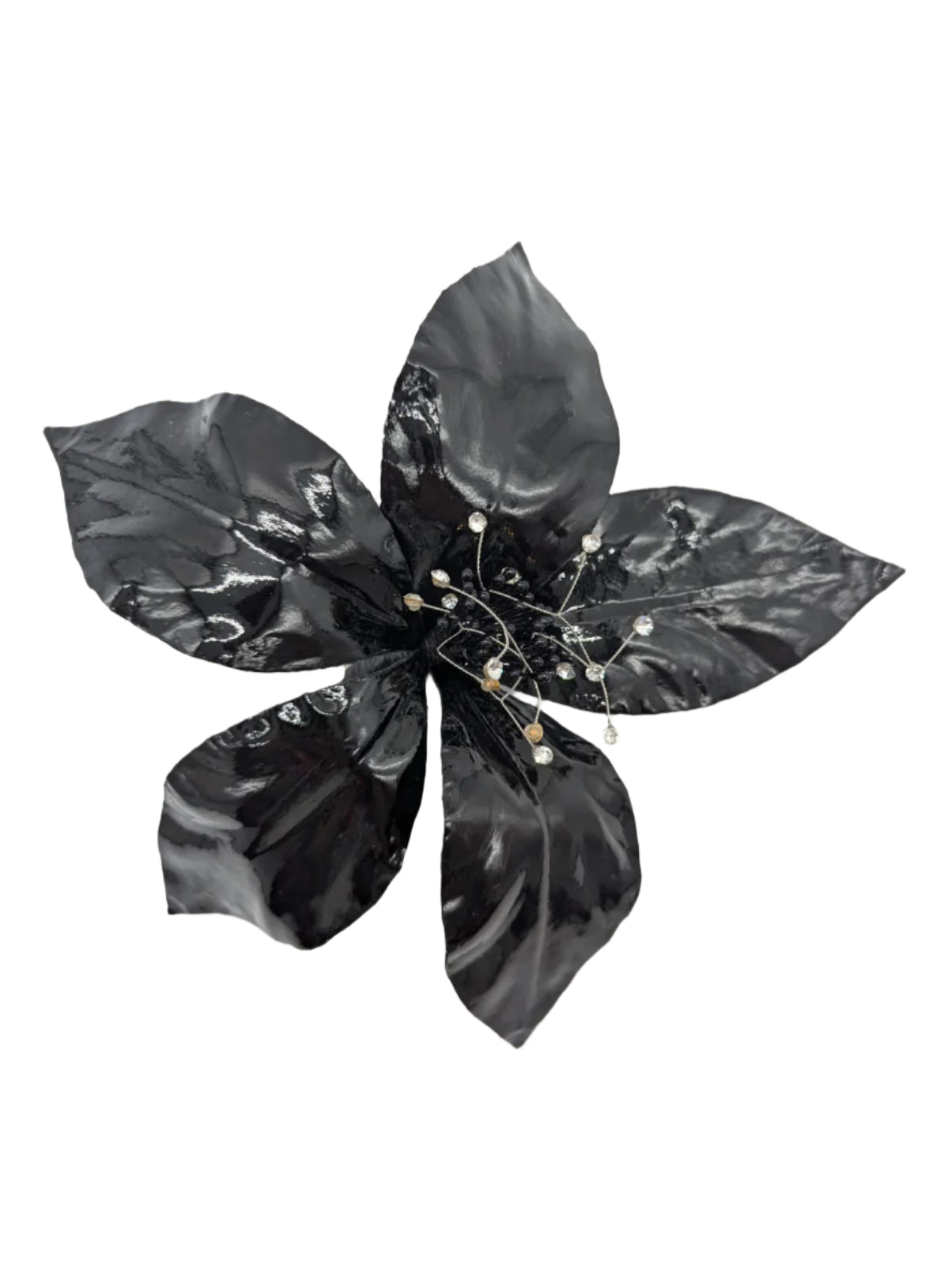 Broochella Giglio flower brooch pin patent leather handmade crystal centre luxury designer men's women's black