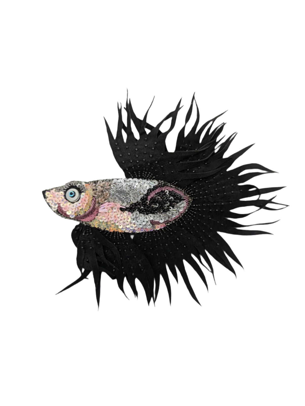Broochella Pesce Siamese fish brooch pin hand beaded handmade black pink silver luxury designer men's women's