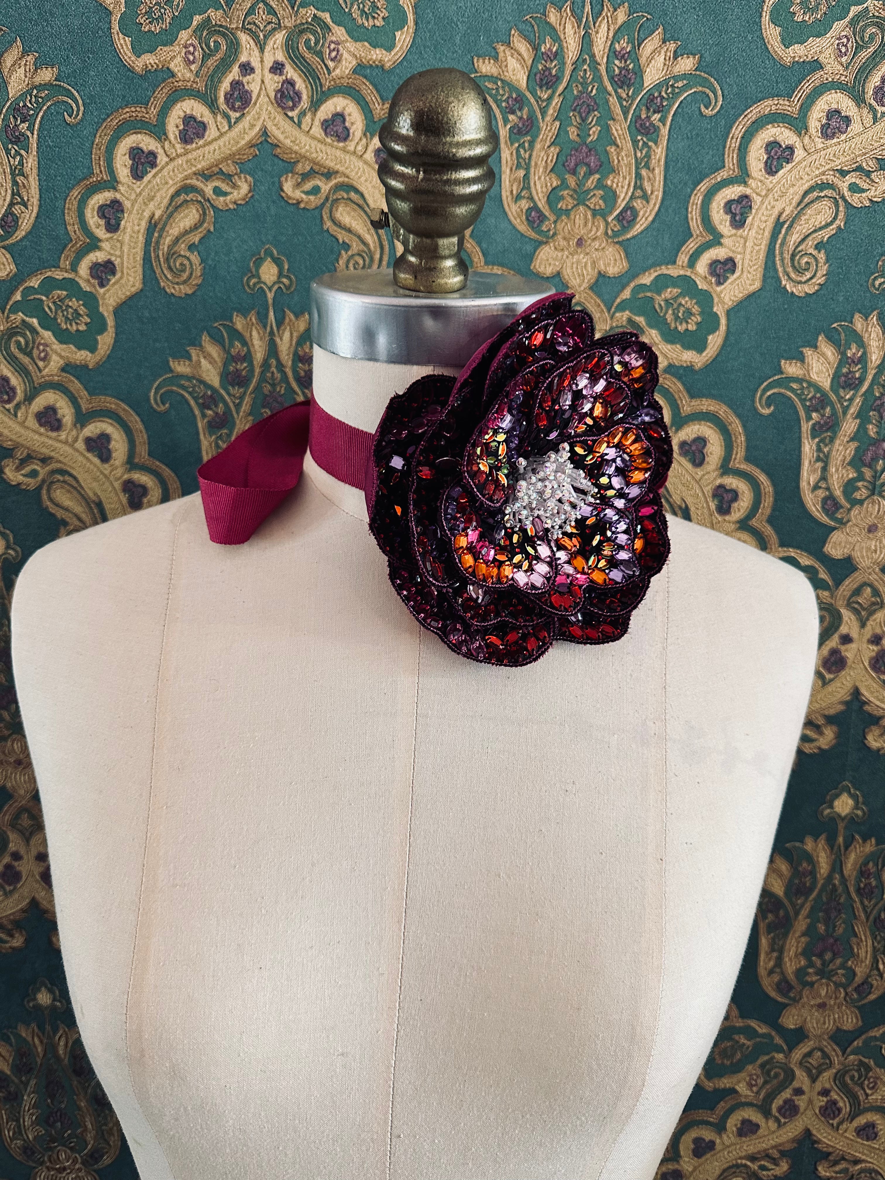 Broochella Cristallino hand beaded flower brooch pin choker large pink designer luxury
