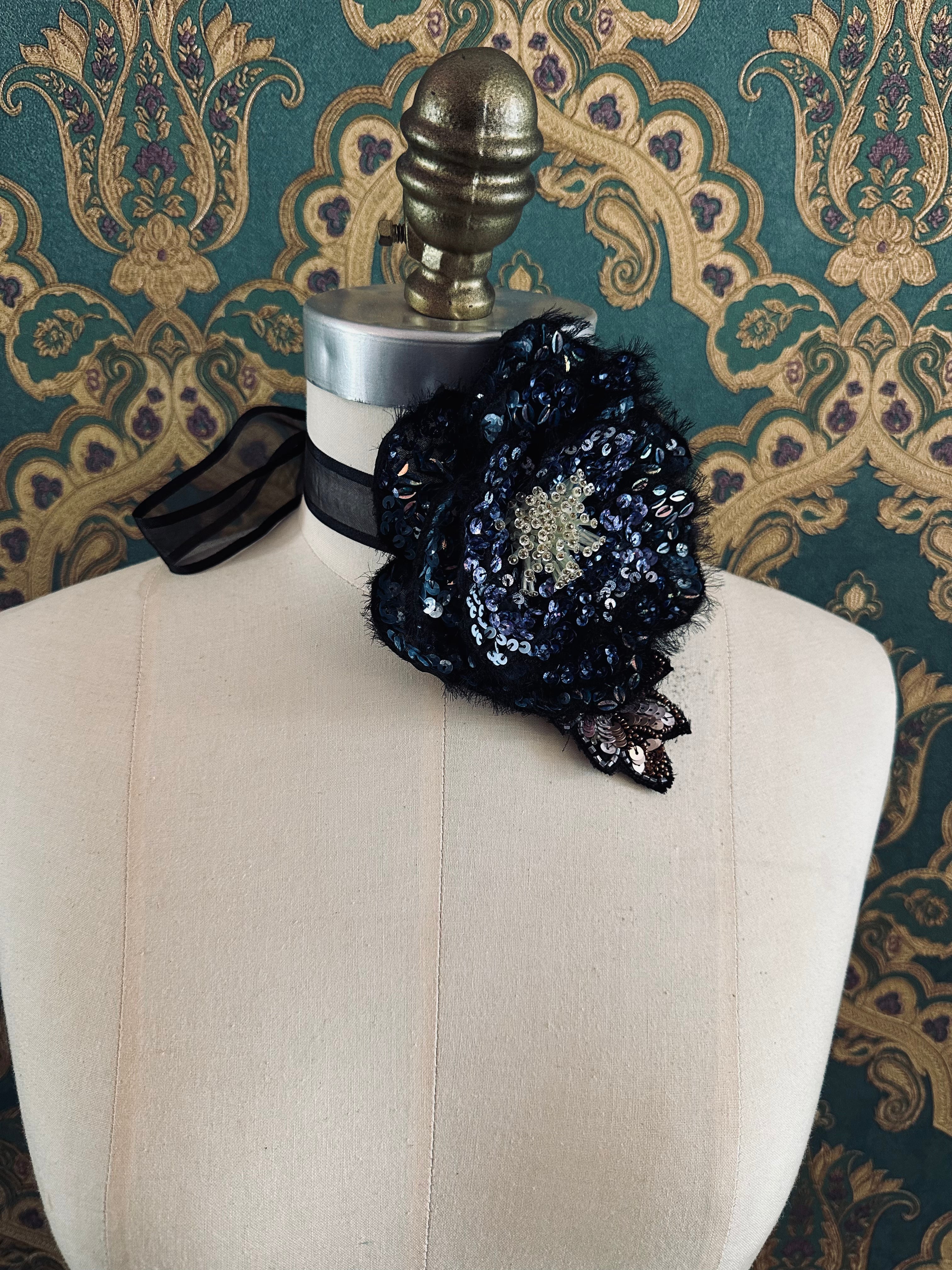 Broochella Luminosa flower choker brooch pin small blue black hand beaded sequin luxury designer women’s