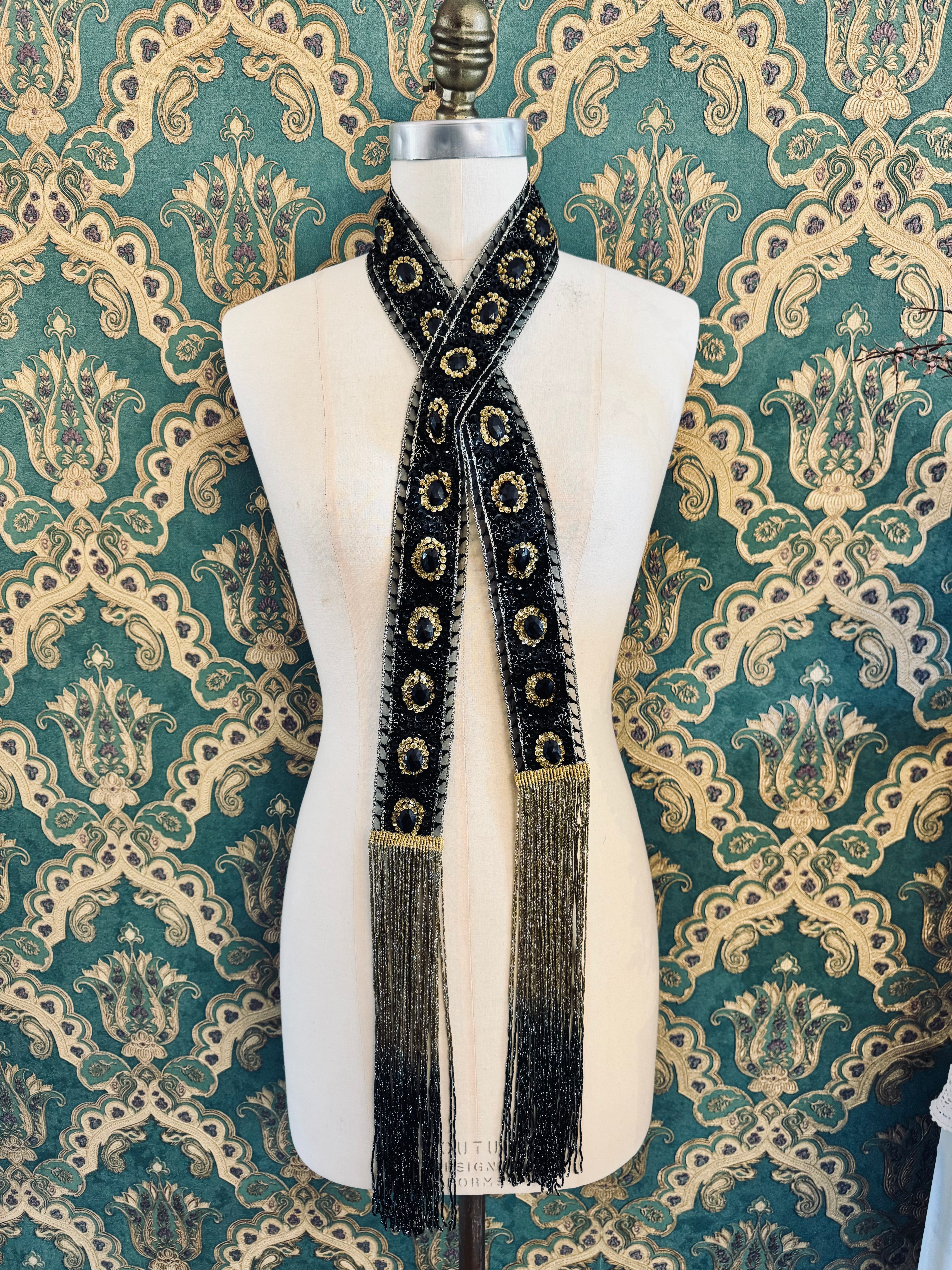 Broochella Marie Antionette embellished Foulard neck tie scarf gold black fringed sequin beaded handmade men’s women’s luxury designer