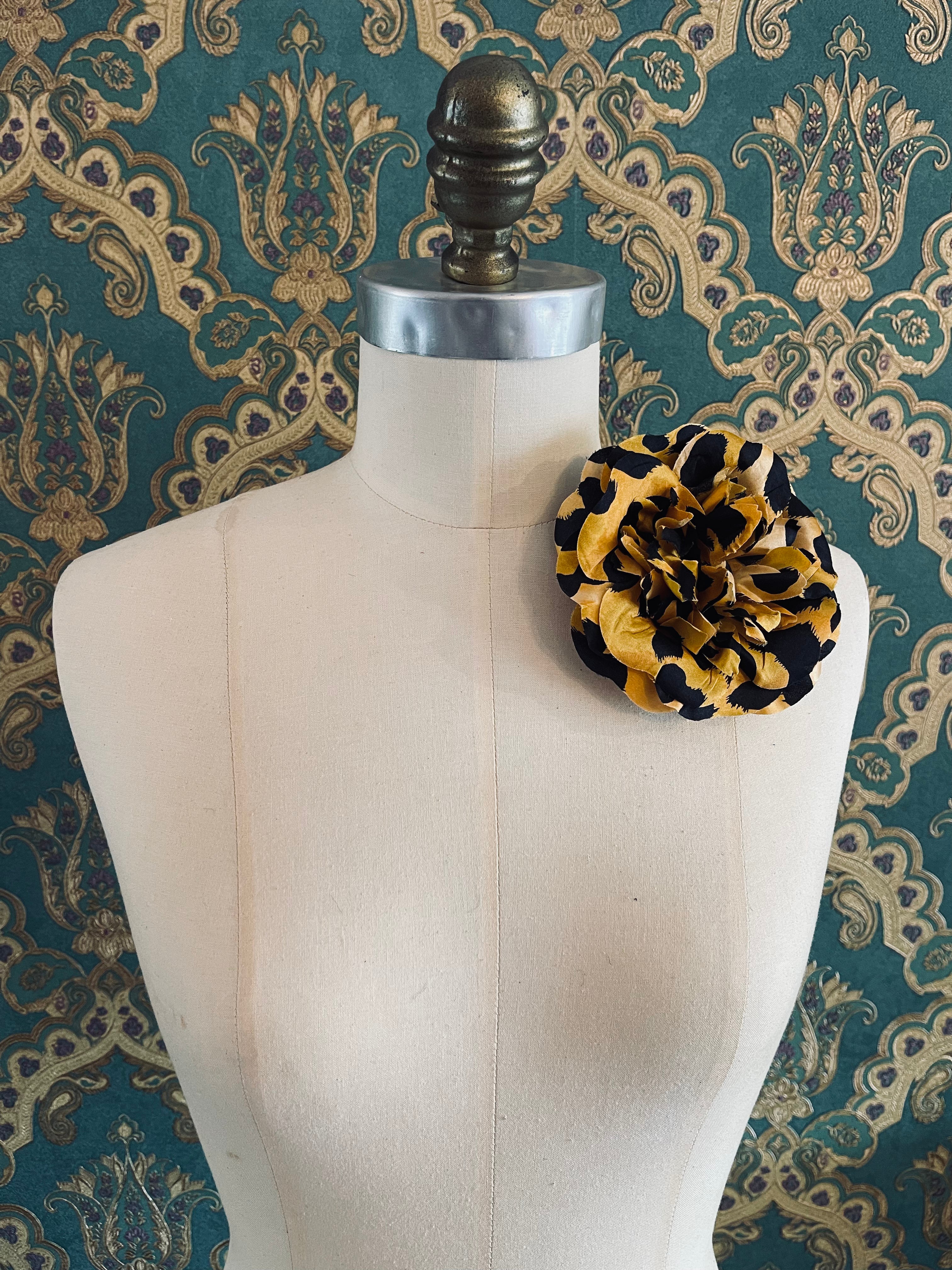 Broochella Leopard flower brooch pin brown black animal print silk handmade men’s women’s designer luxury