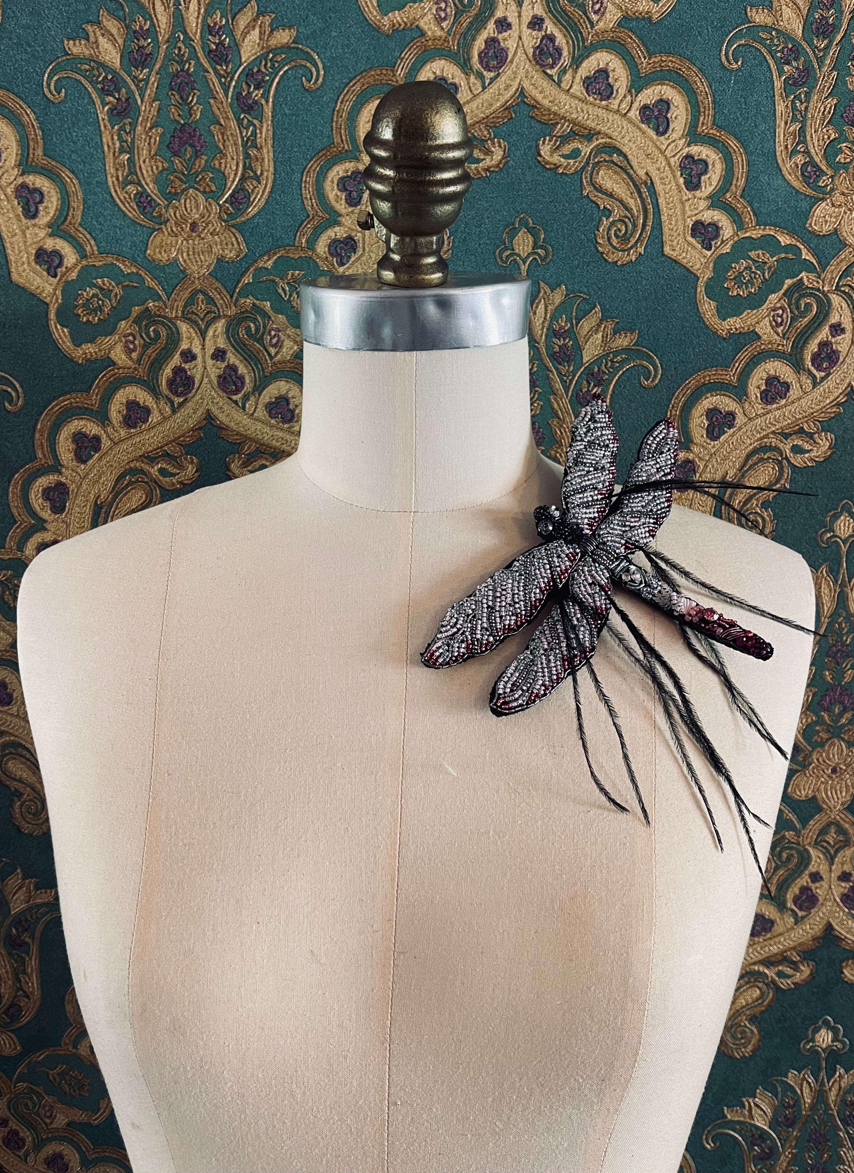 Broochella Libellula dragonfly brooch pin hand beaded black pink feather handmade luxury designer women’s men’s