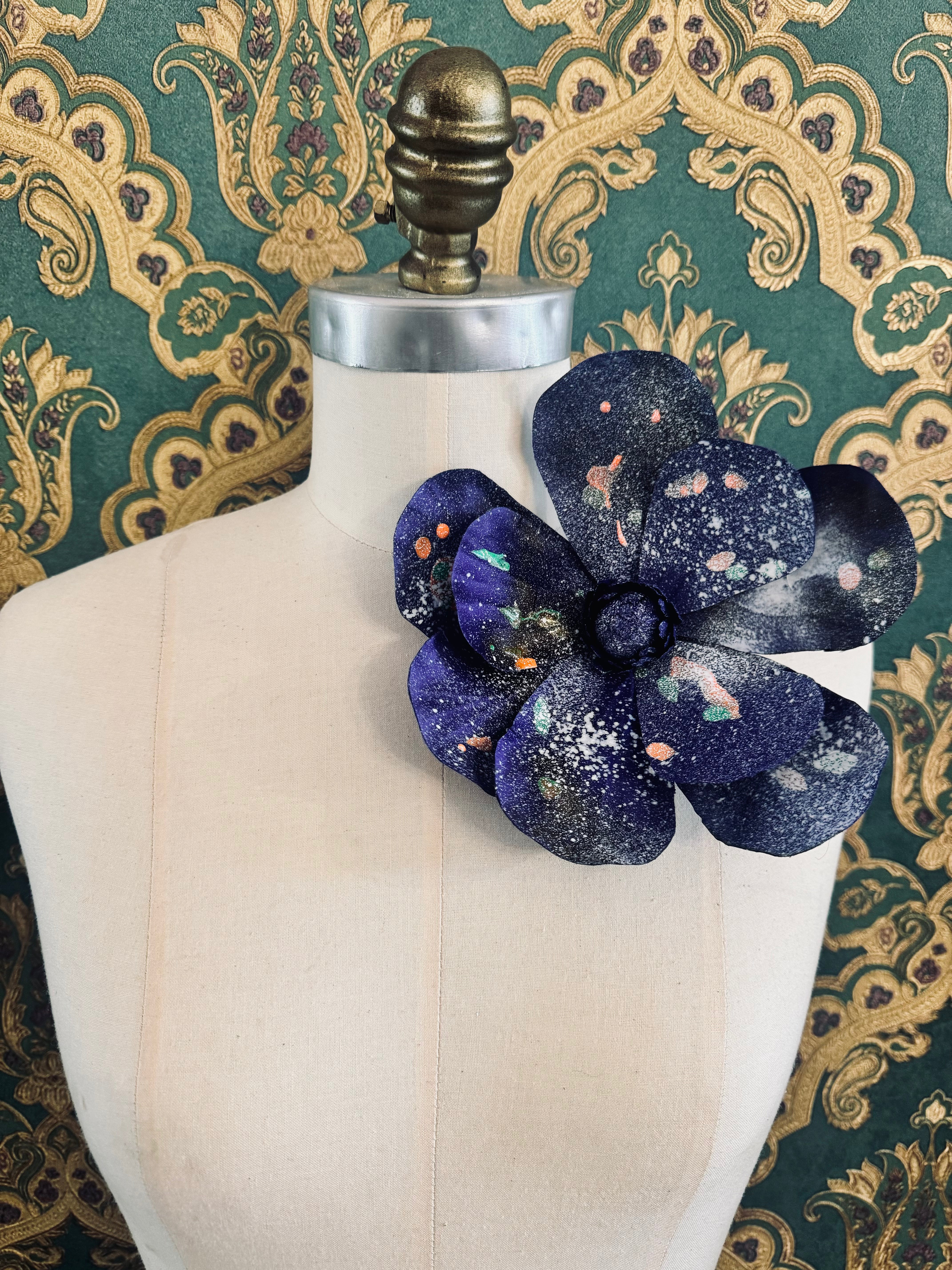 Broochella Magnolia d’Arte flower brooch pin silk hand painted art spray paint luxury designer men’s women’s one of a kind purple