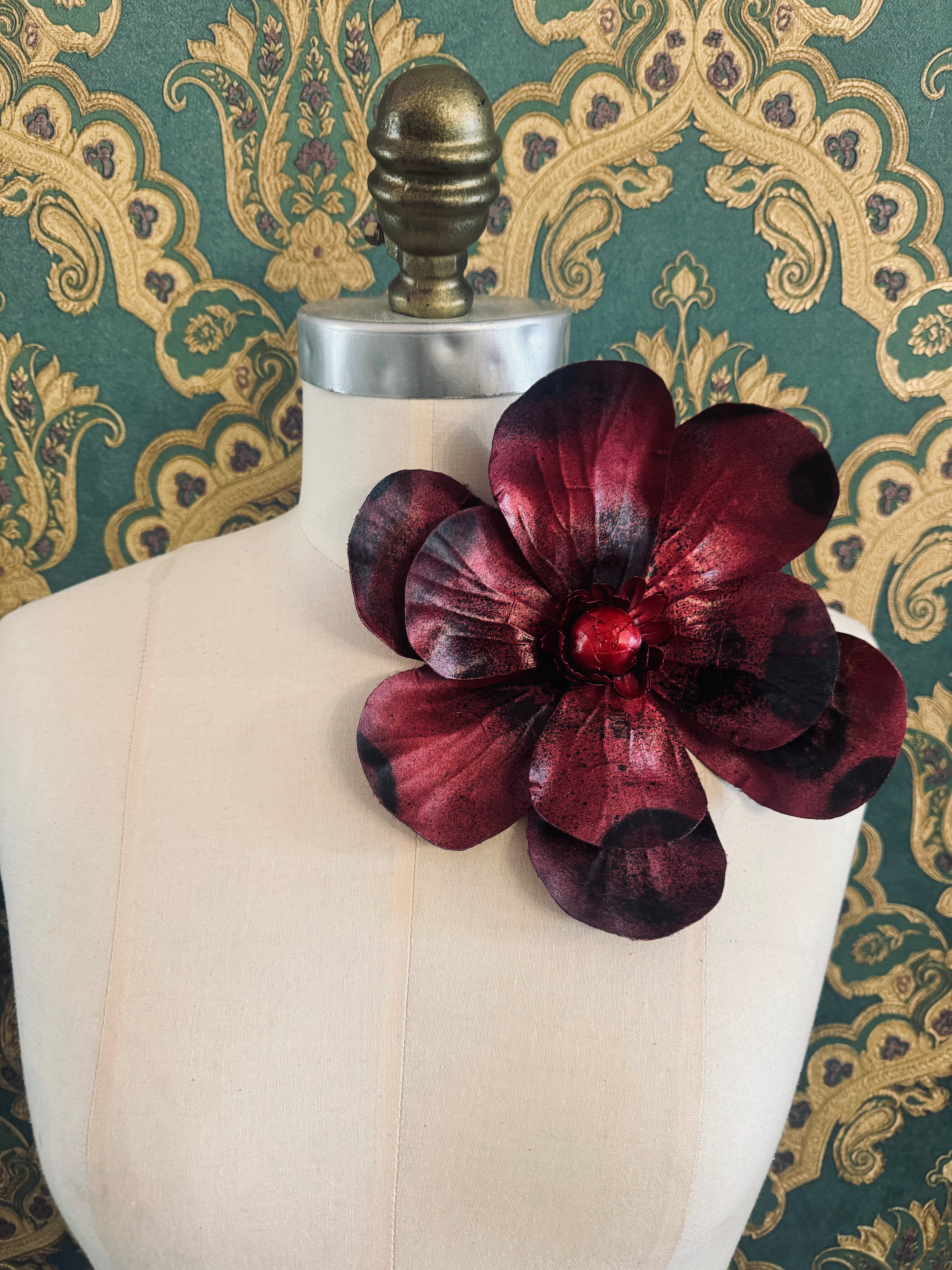 Broochella Magnolia d’arte flower brooch pin silk hand painted art spray paint luxury designer one of a kind red black men’s women’s