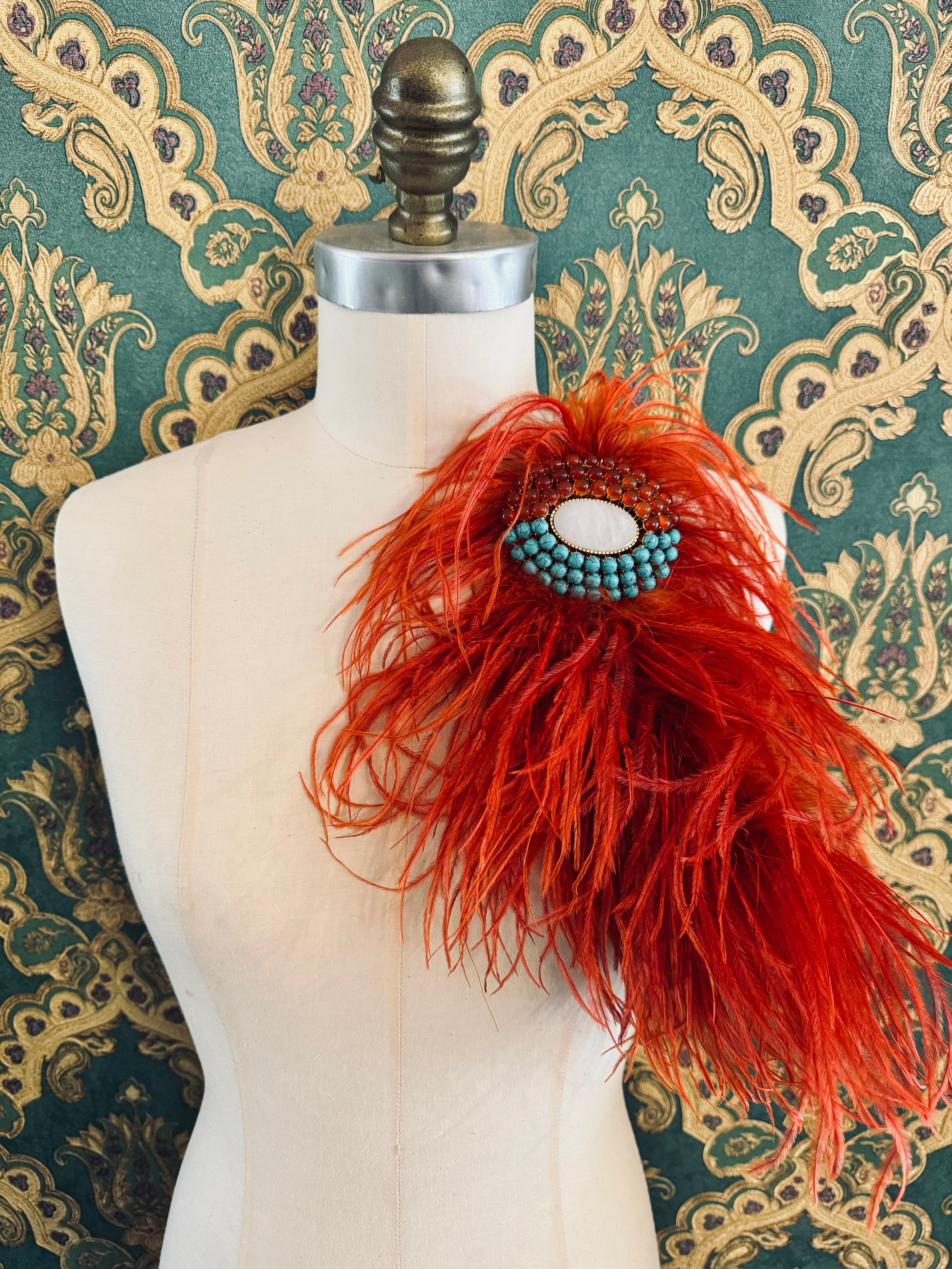 Broochella rust feather brooch pin large bejewelled handmade gold tone beaded embellishment luxury designer