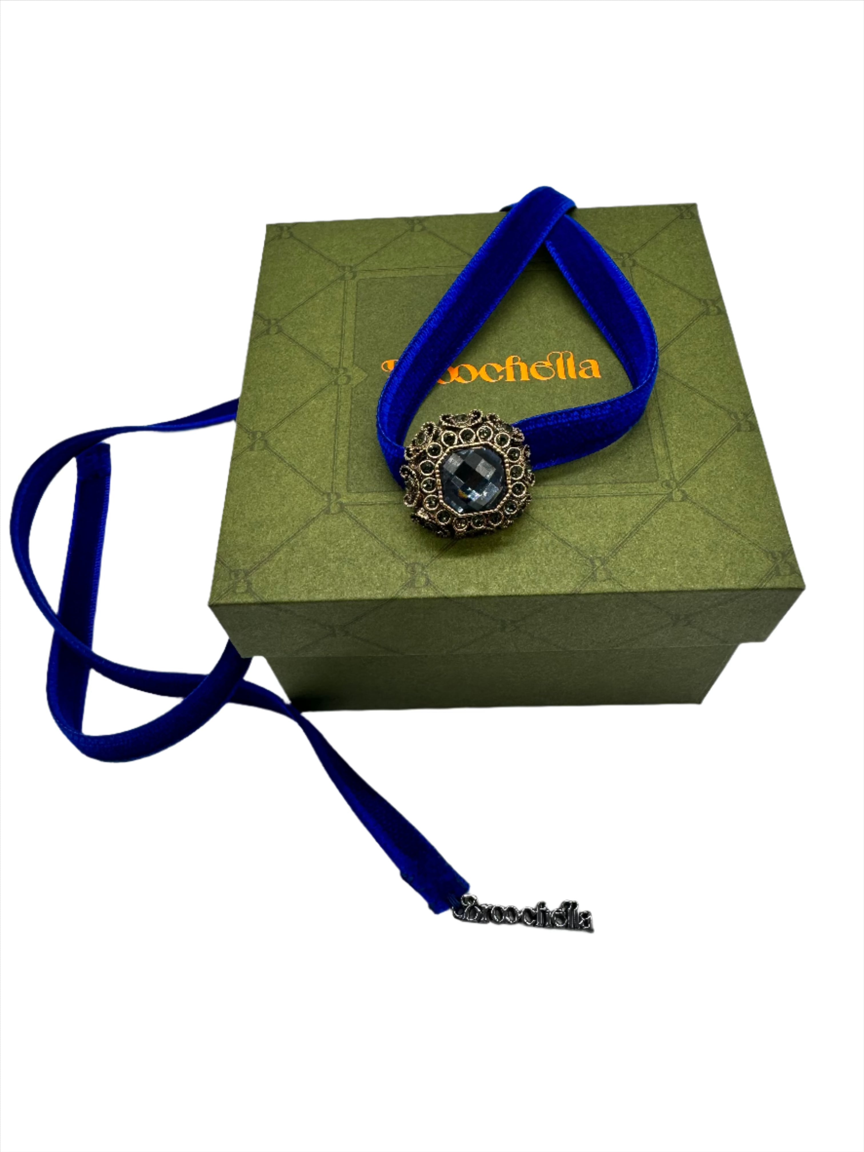Broochella velvet choker handmade bejewelled centre designer luxury blue