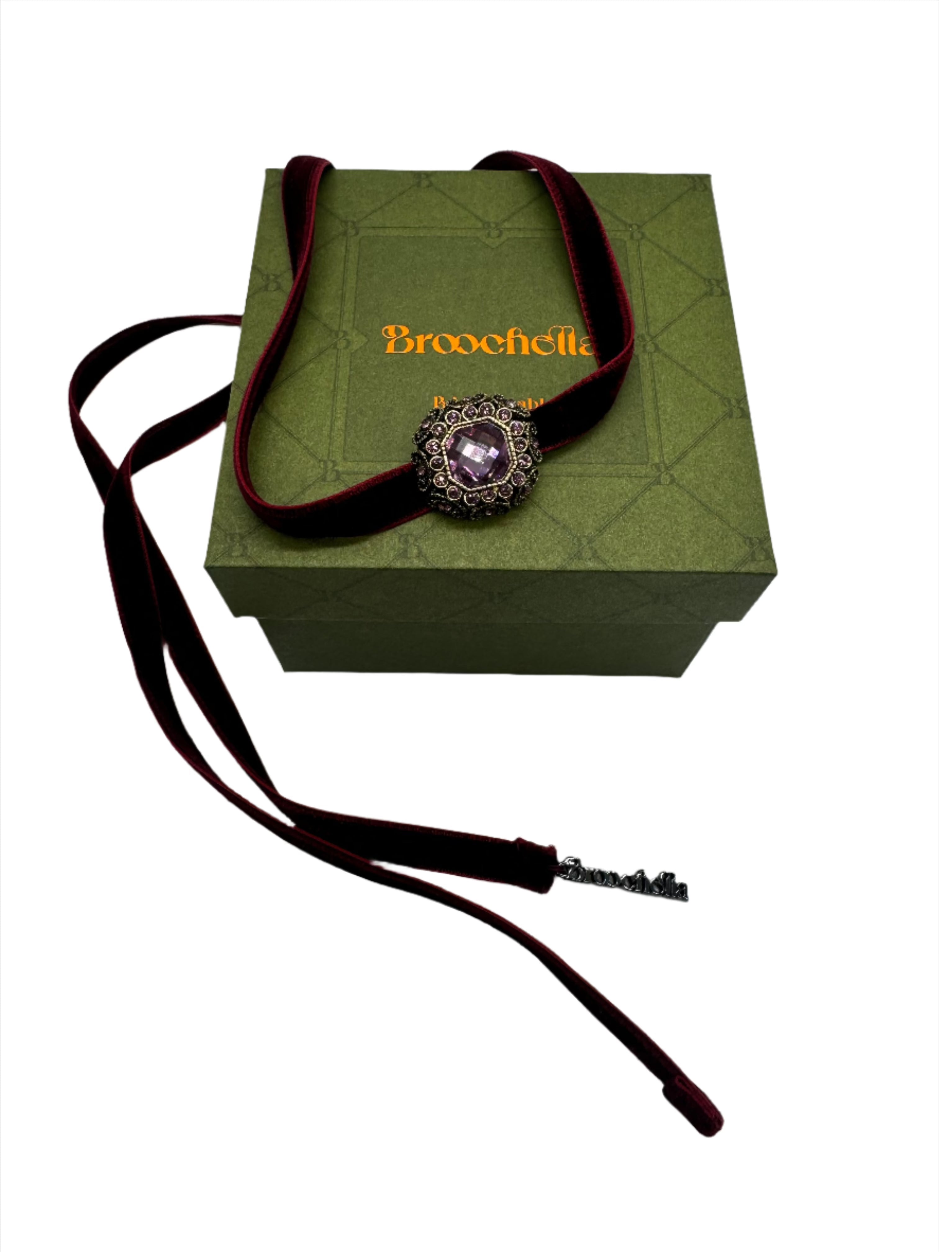 Broochella velvet choker handmade bejewelled centre designer luxury burgundy