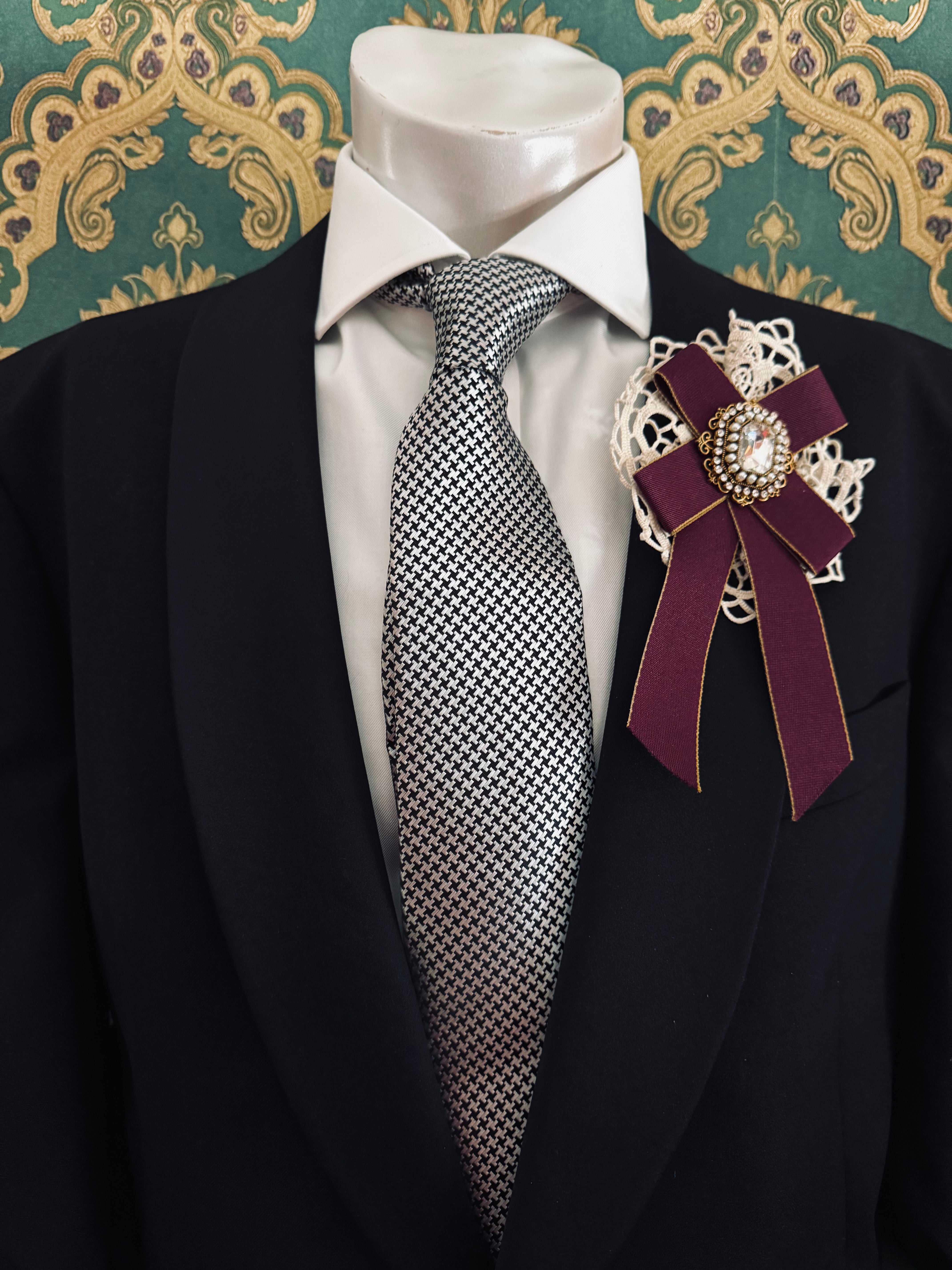 Broochella Men's Il Conte bow brooch pin lace crystal embellishment handmade luxury designer burgundy