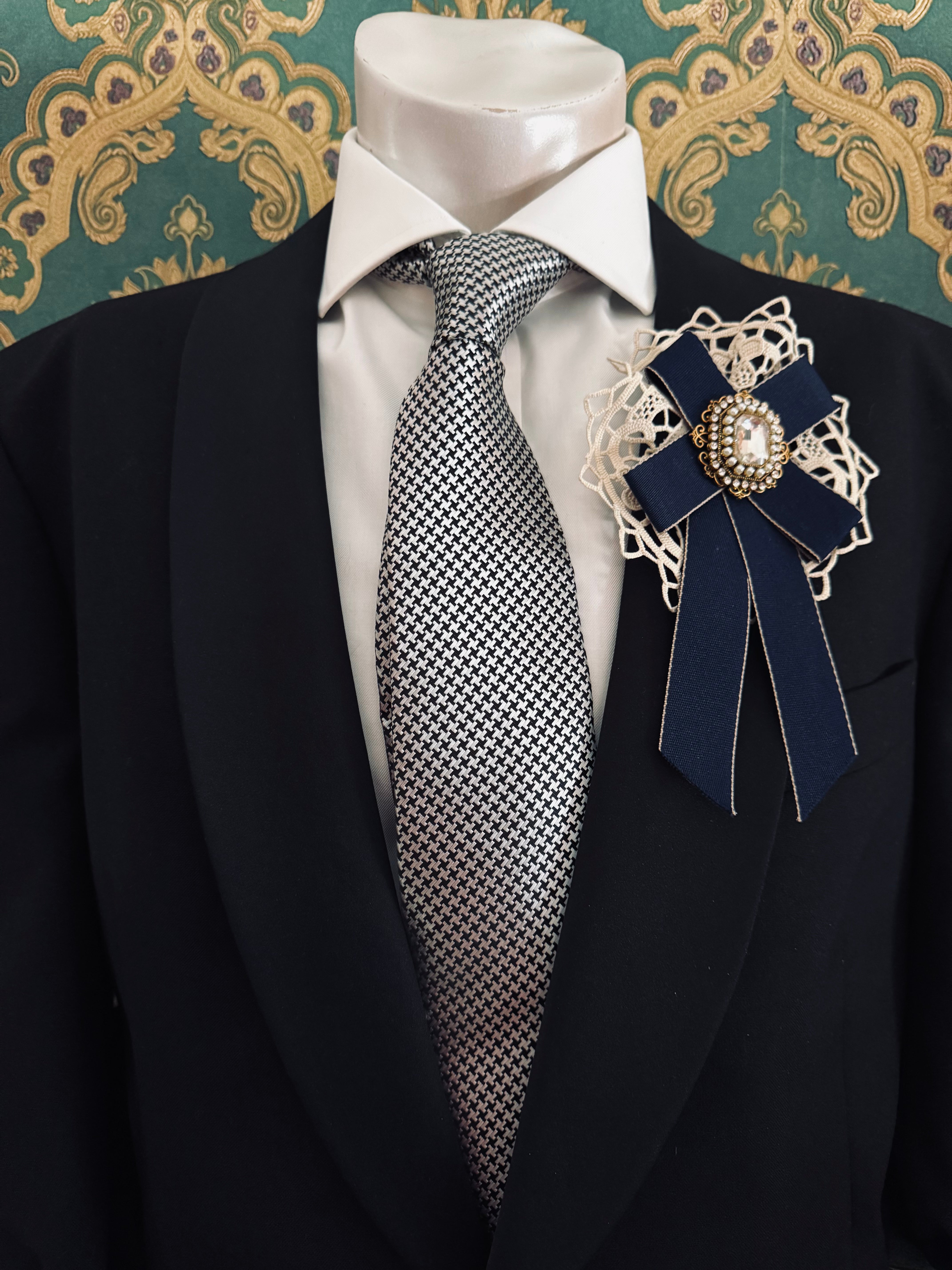 Broochella Men's Il Conte bow brooch pin lace crystal embellishment handmade luxury designer navy blue