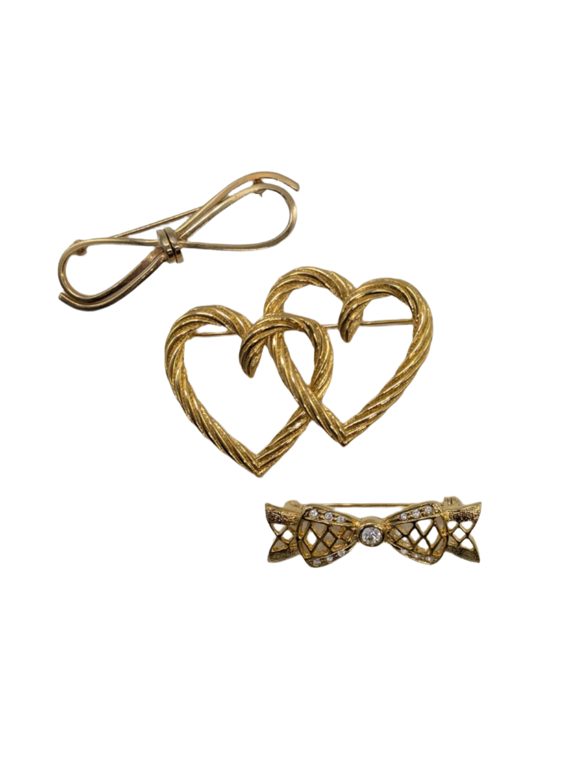 Broochella vintage brooch pin trio set gold tone metal bow hearts designer luxury men's women's