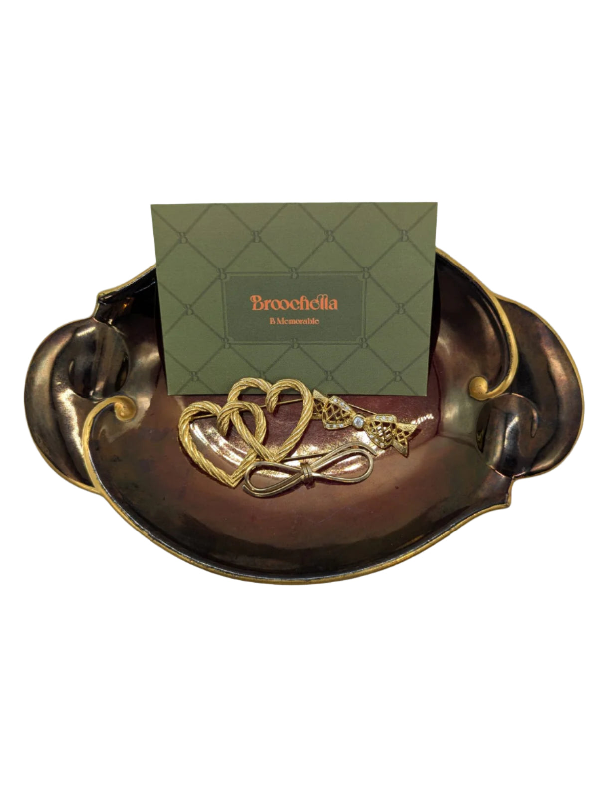 Broochella vintage brooch pin trio set gold tone metal bow hearts designer luxury men's women's