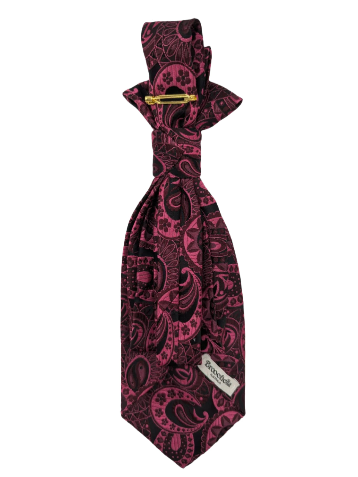 Broochella Montecristo Cravatta Tie brooch pin upcycled handmade vintage gold tone metal red rose flower embellishment men's women's designer luxury multicoloured pink black brocade