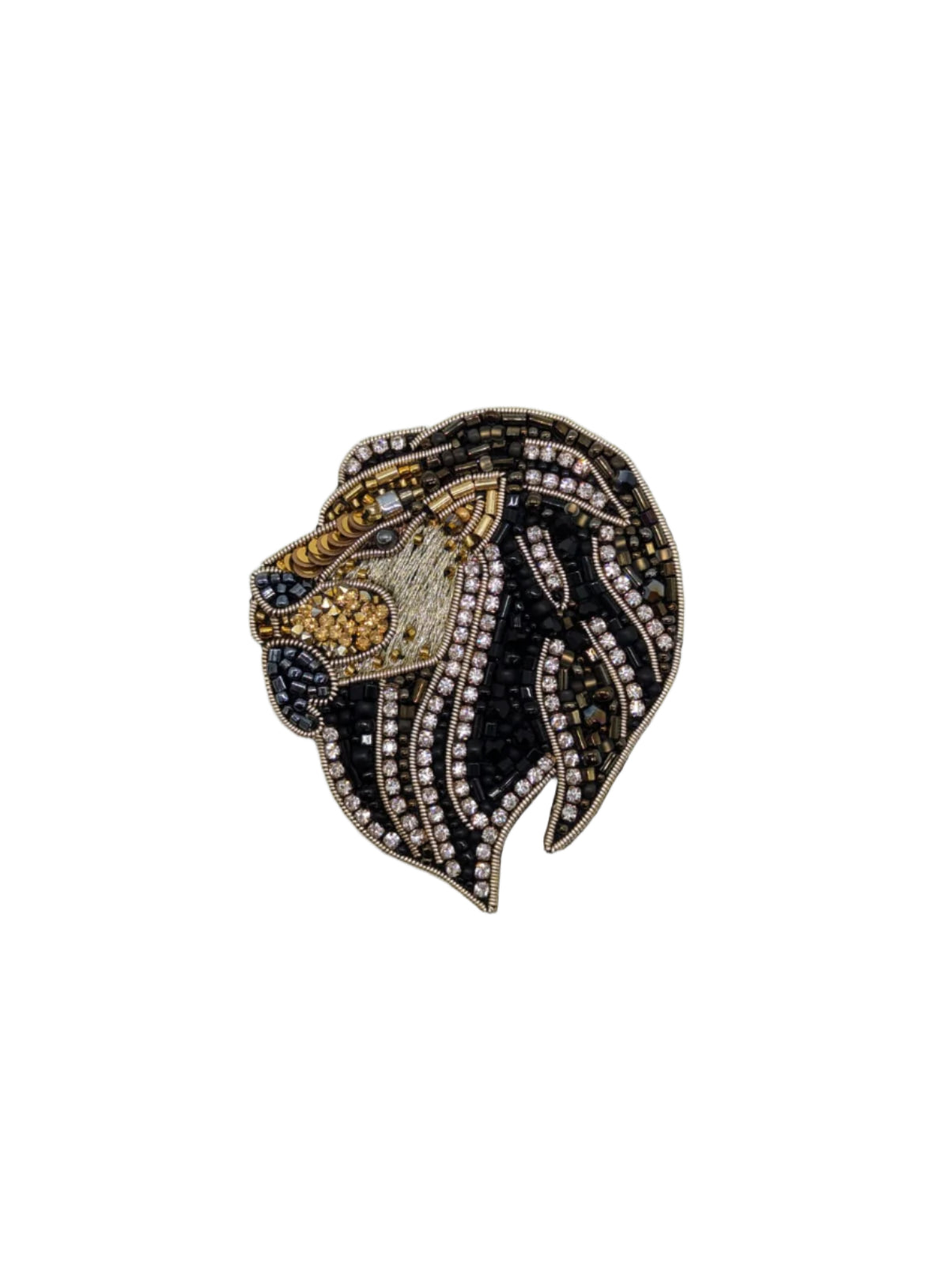 Broochella Men's Lion brooch pin black gold hand beaded sequin crystal handmade designer luxury