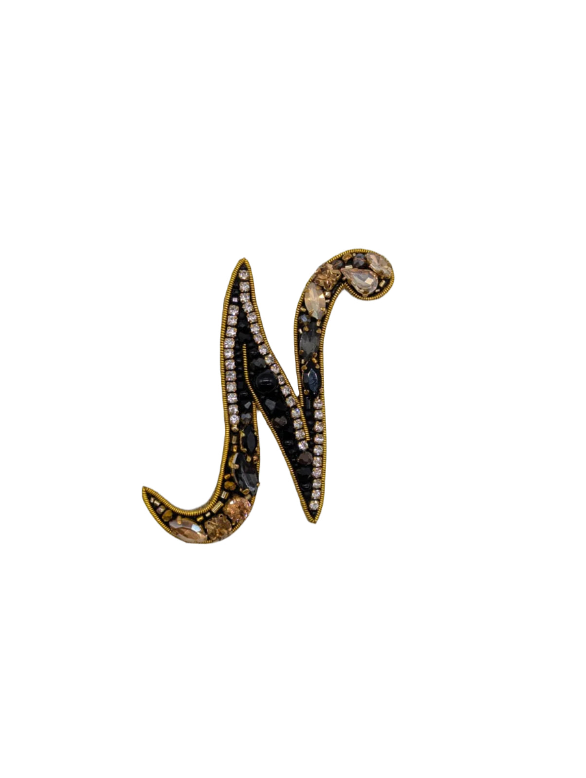 Broochella Men's Initial Alphabet brooch pin gold black hand beaded sequin crystal handmade designer luxury N
