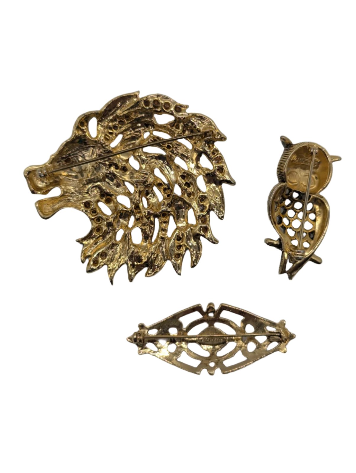 Broochella Brunelleschi brooch pin trio set animal vintage gold tone metal lion owl women’s men’s designer