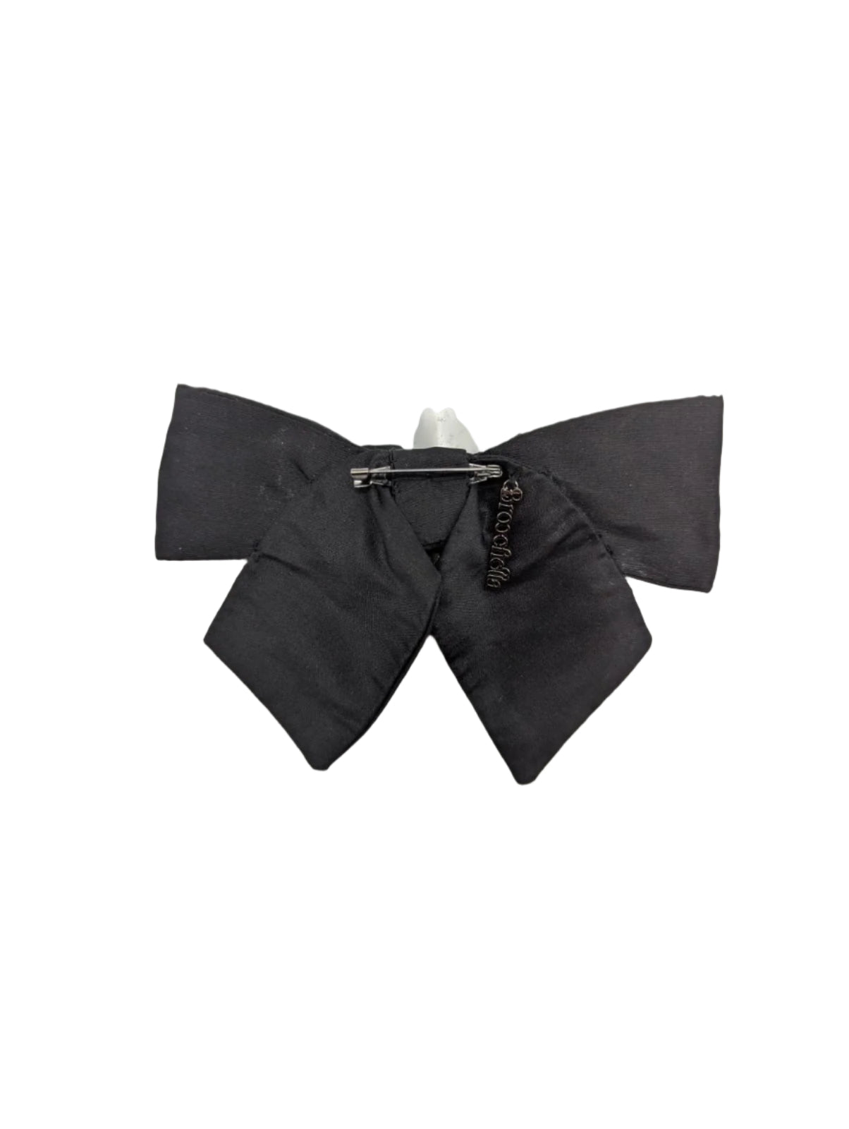 Broochella La Notte Bloom Bow brooch pin black silk handmade vntage silver flower embellishment men's women's designer luxury