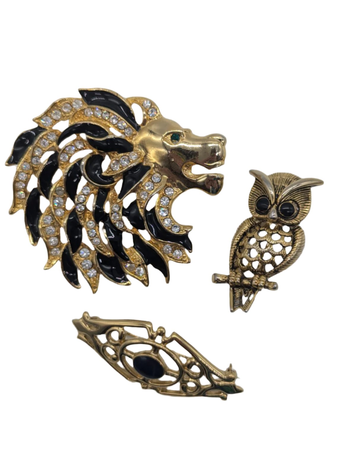 Broochella Brunelleschi brooch trio vintage brooch pin set animal gold tone metal lion owl women’s men’s designer
