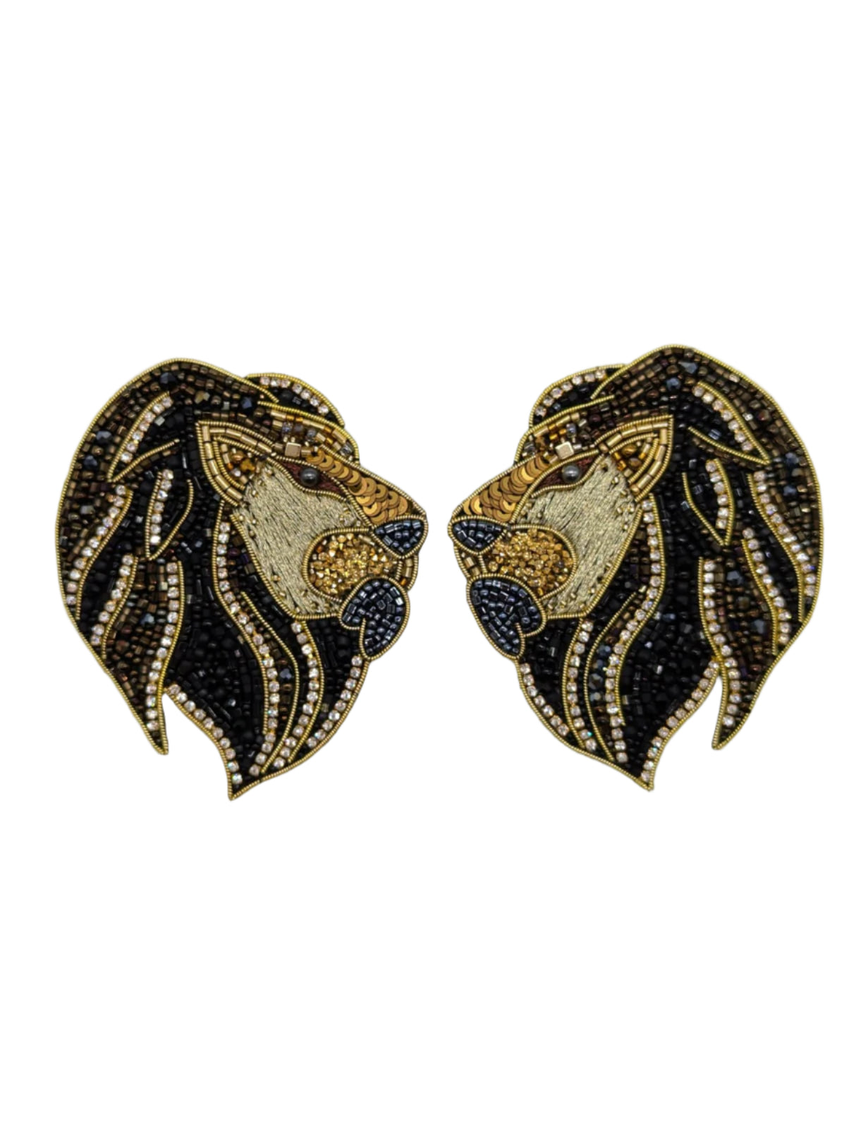 Broochella men's mirrored lion brooches pair duo brooch pin black gold hand beaded sequin luxury designer