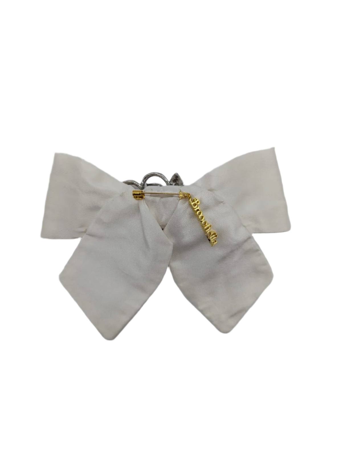Broochella Moonlight petal bow brooch pin handmade ivory silk vintage silver tone metal crystal flower embellishment designer luxury men's women's