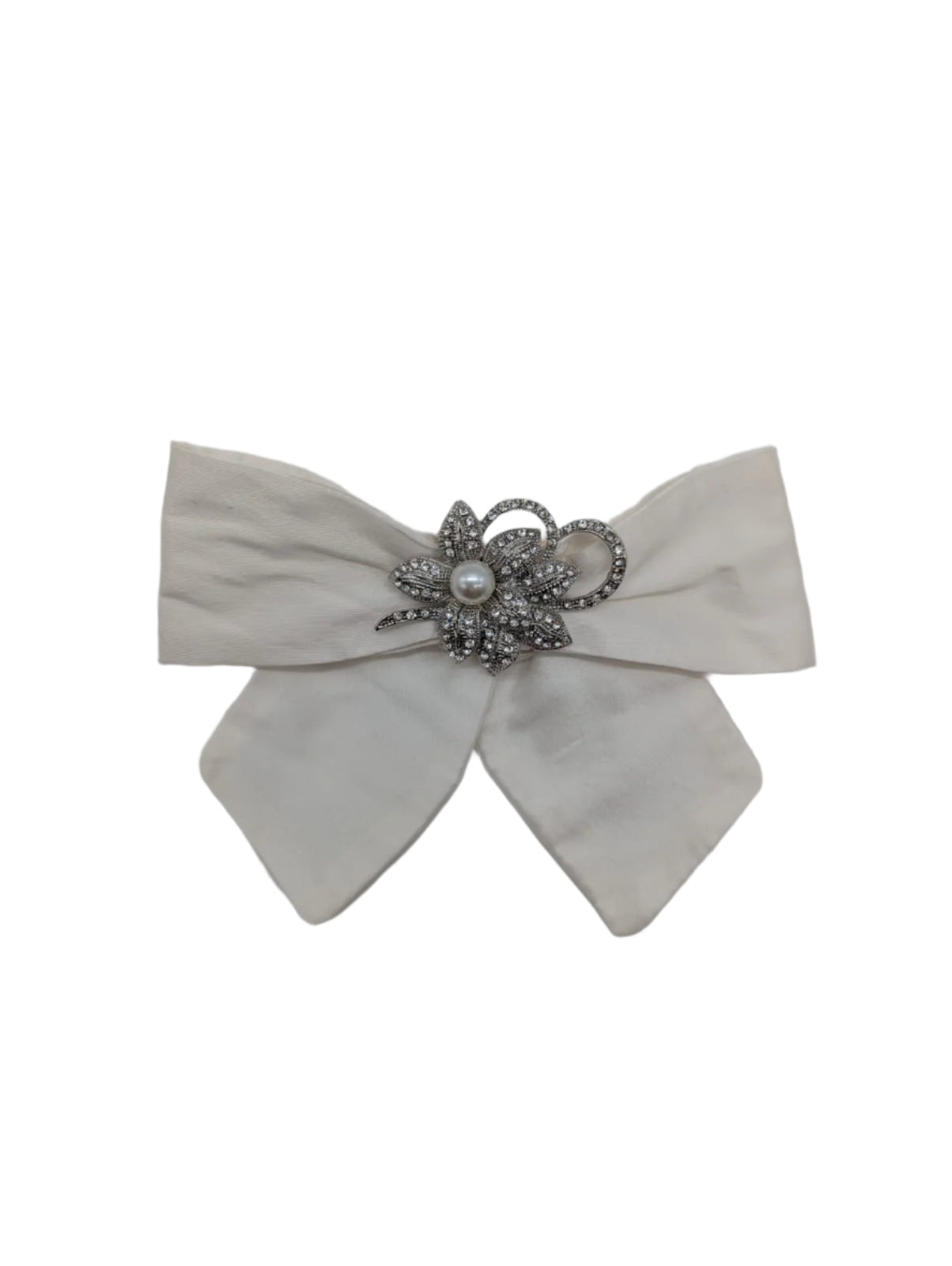 Broochella Moonlight petal bow brooch pin handmade ivory silk vintage silver tone metal crystal flower embellishment designer luxury men's women's