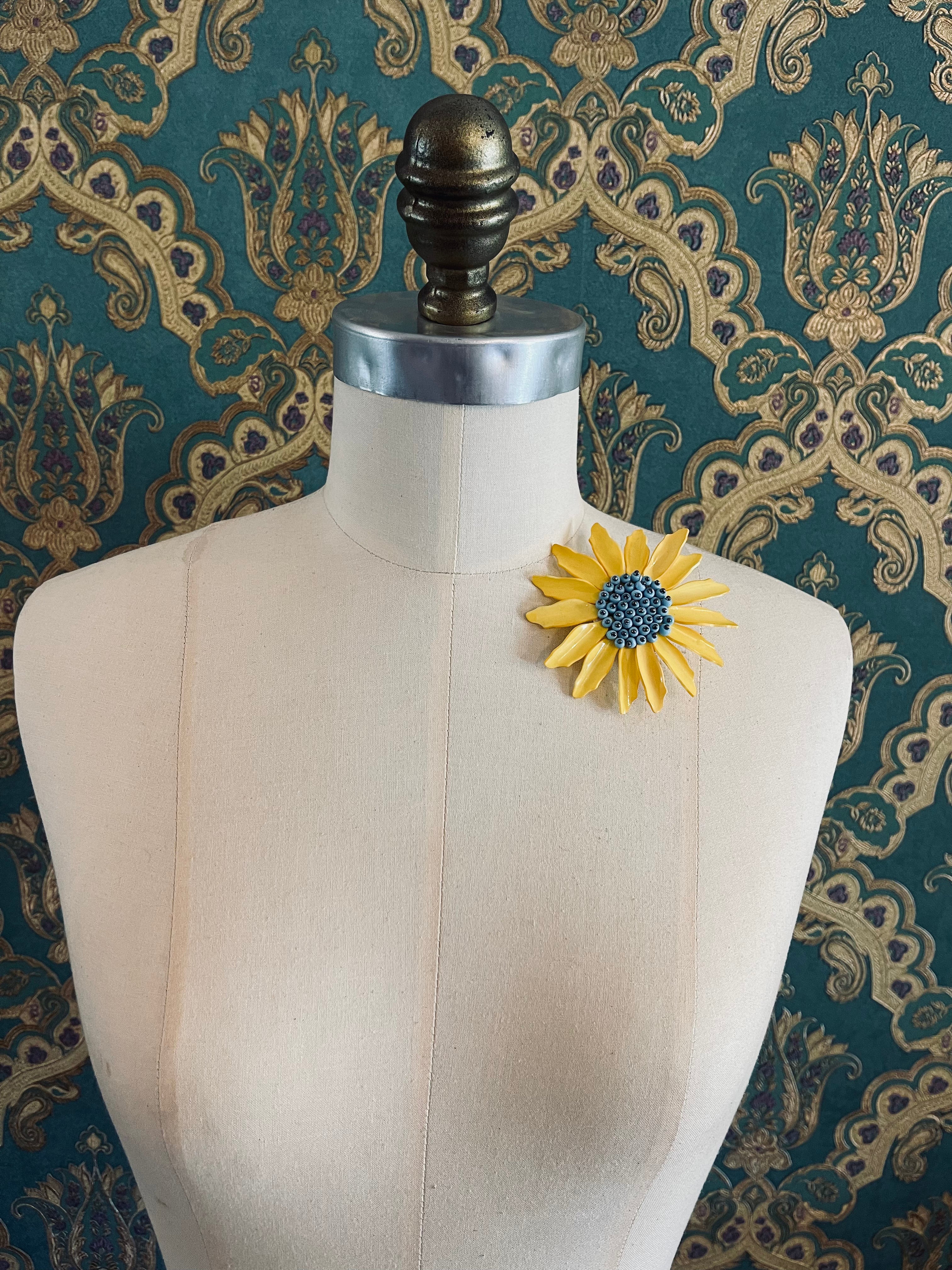 Broochella Girasole bejewelled brooch pin yellow sunflower blue beaded women's men's designer handmade luxury