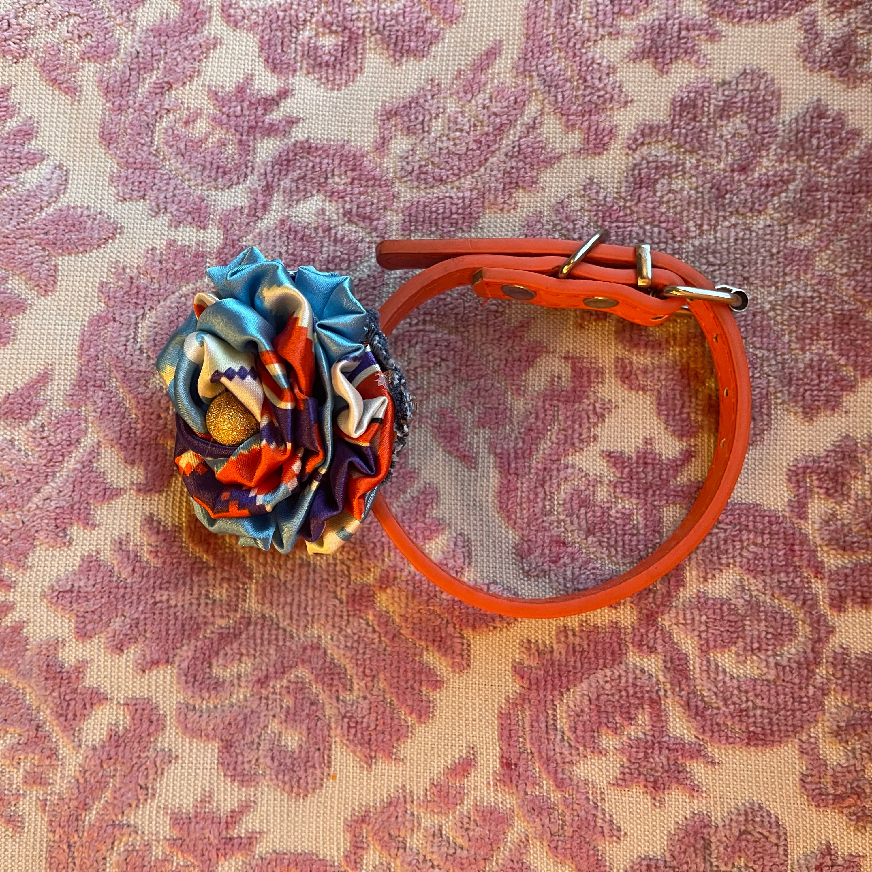 Broochella Poochella Dog pet flower brooch collar accessory handmade blue printed satin designer luxury