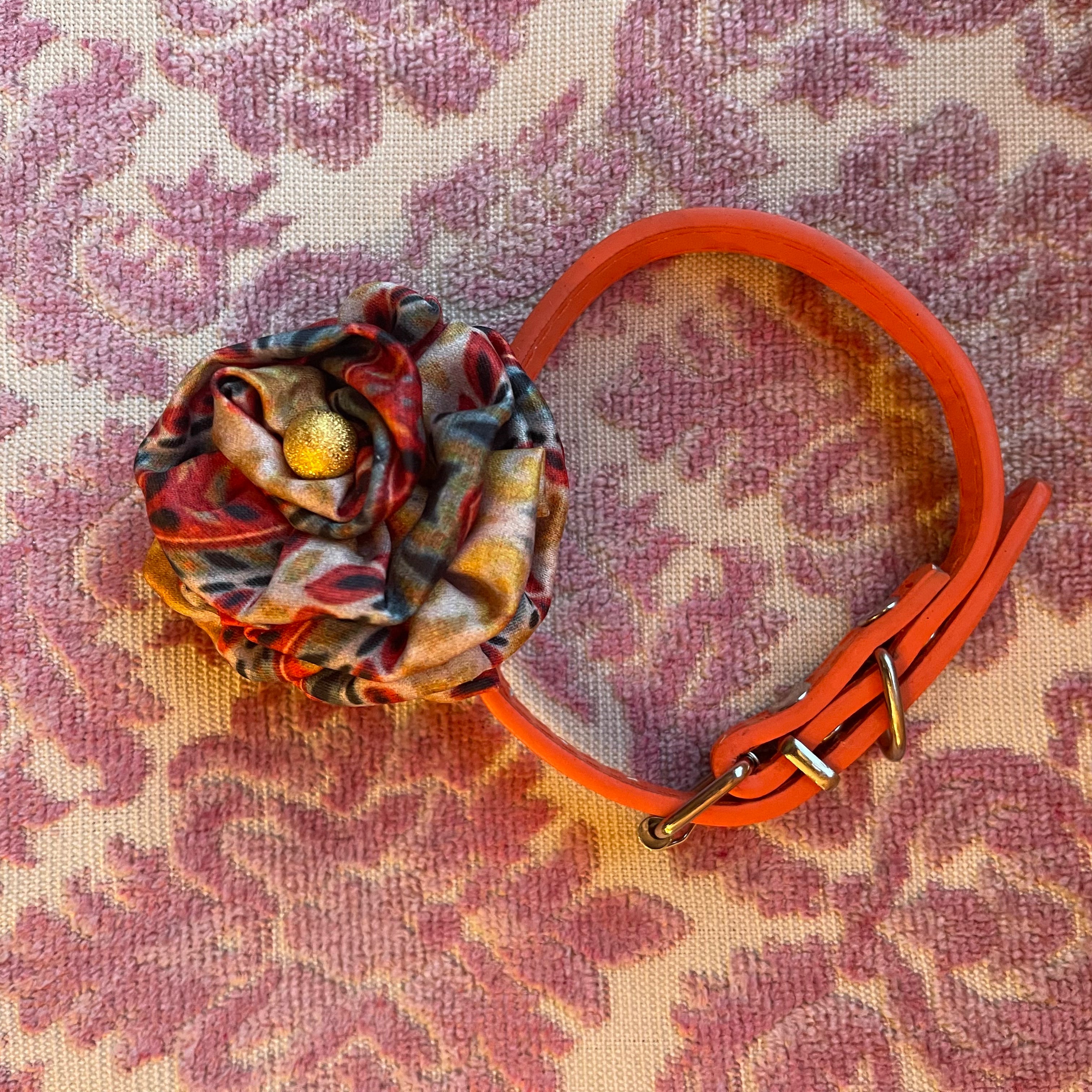 Broochella Poochella Dog pet flower brooch collar accessory handmade red printed satin designer luxury