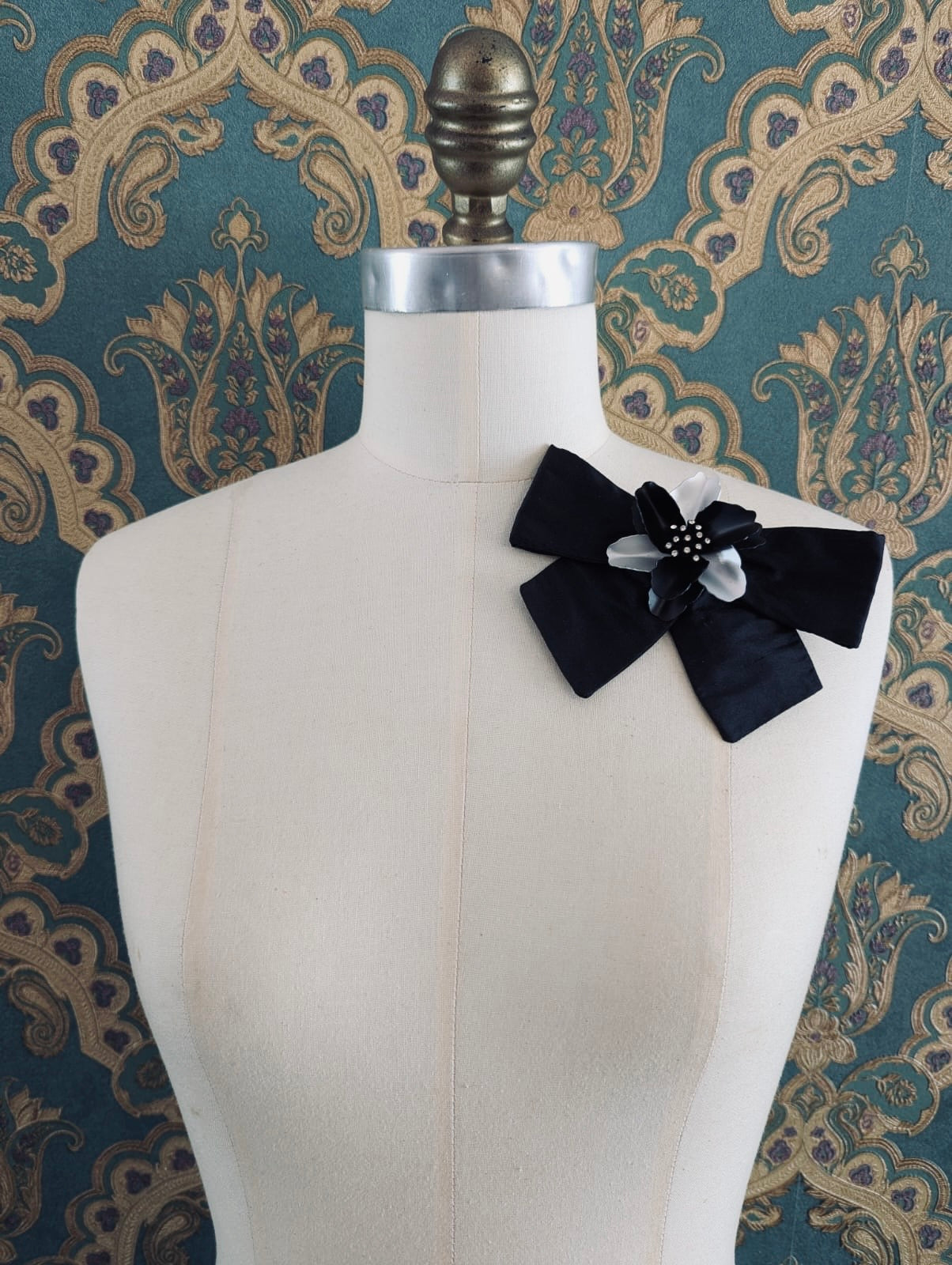 Broochella La Notte Bloom Bow brooch pin black silk handmade vntage silver flower embellishment men's women's designer luxury