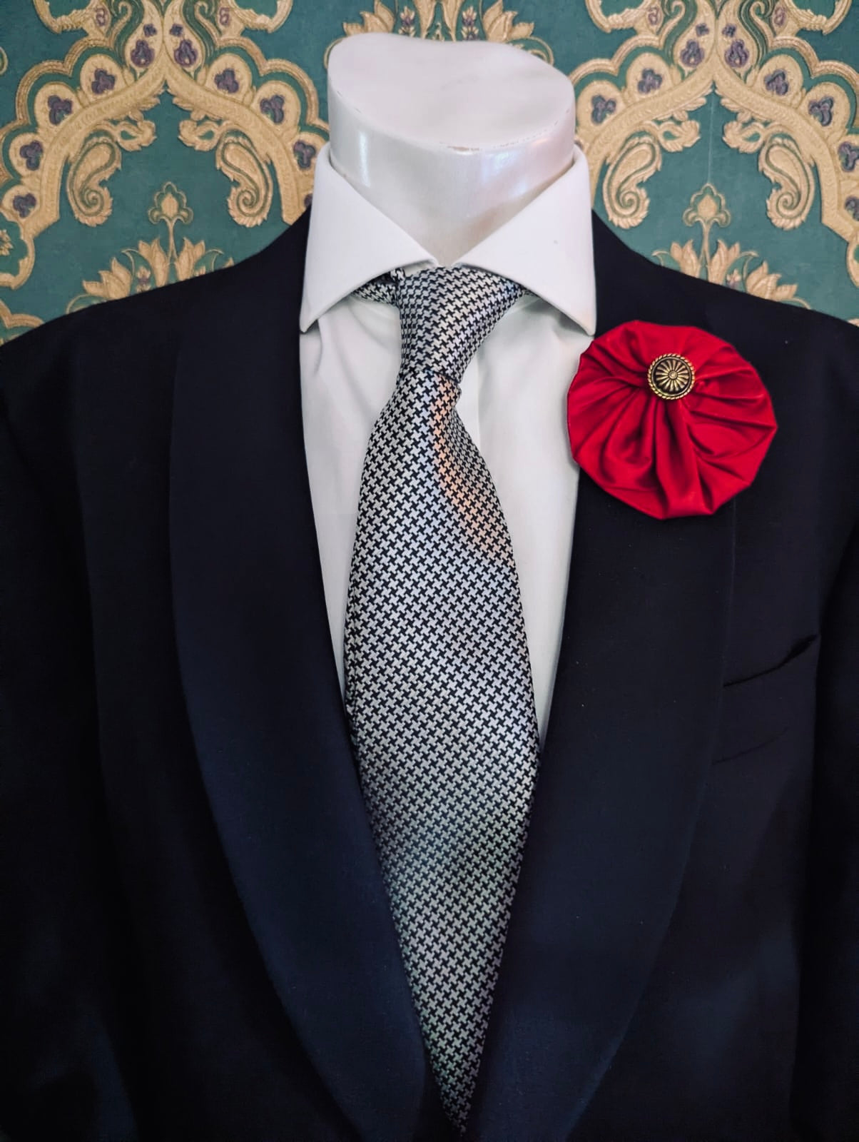 Broochella Men's  lollipop brooch pin silk handmade gold button embellishment designer luxury medium red
