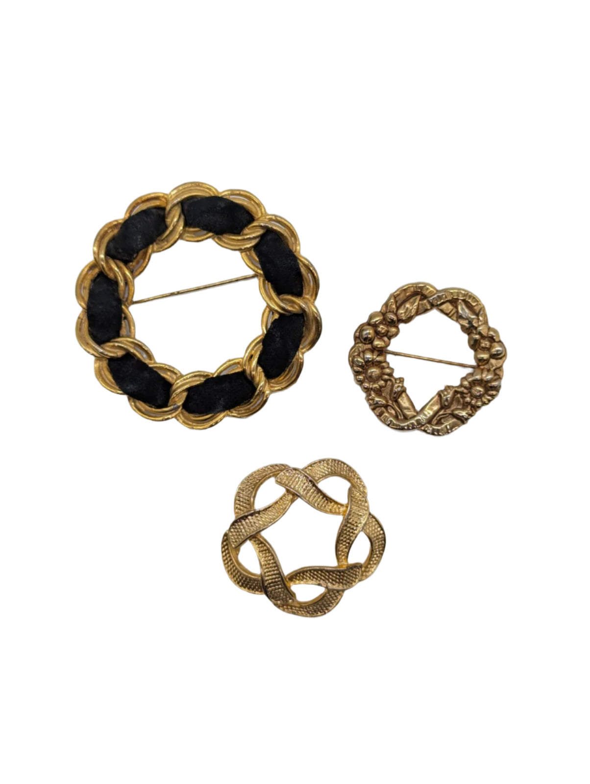 Broochella Golden Wreath vintage brooch pin set trio gold tone metal men's women's vintage designer