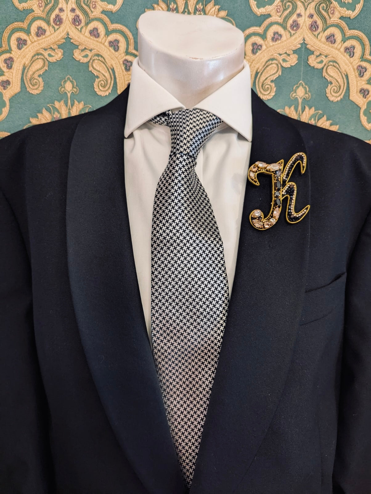 Broochella Men's Initial Alphabet brooch pin gold black hand beaded sequin crystal  handmade designer luxury K